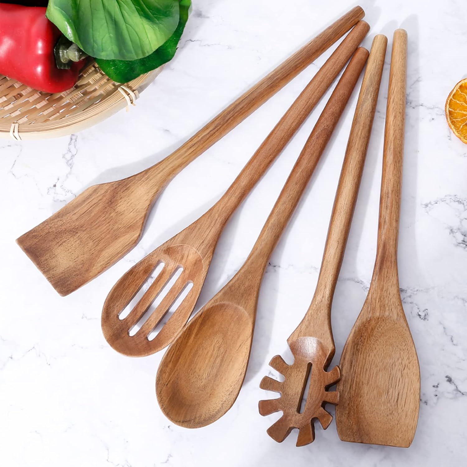 Exquisite Wooden Cooking Utensils For Kitchen, Set Of 5, 12 Inch Acacia Wood Kitchenware Tool Set, Cooking Gadgets Includes Spoon, Spoon Spatula, Spaghetti Spoon, Slotted Spoon, Shovel Exquisite Wooden Cooking Utensils For Kitchen, Set Of 5, 12 Inch Acacia Wood Kitchenware Tool Set, Cooking Gadgets Includes Spoon, Spoon Spatula, Spaghetti Spoon, Slotted Spoon, Shovel