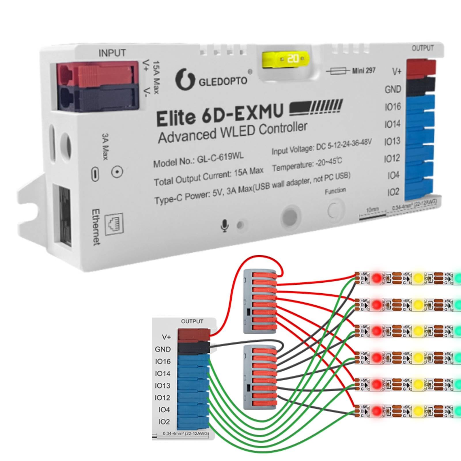 GLEDOPTO Contrôleur WLED 6 Sorties – ESP32 WiFi + Ethernet, 5-48V 15A, Audio Réactif, Relais, Compatible WS2812B/WS2815/SK6812 pour Bandes LED Adressables