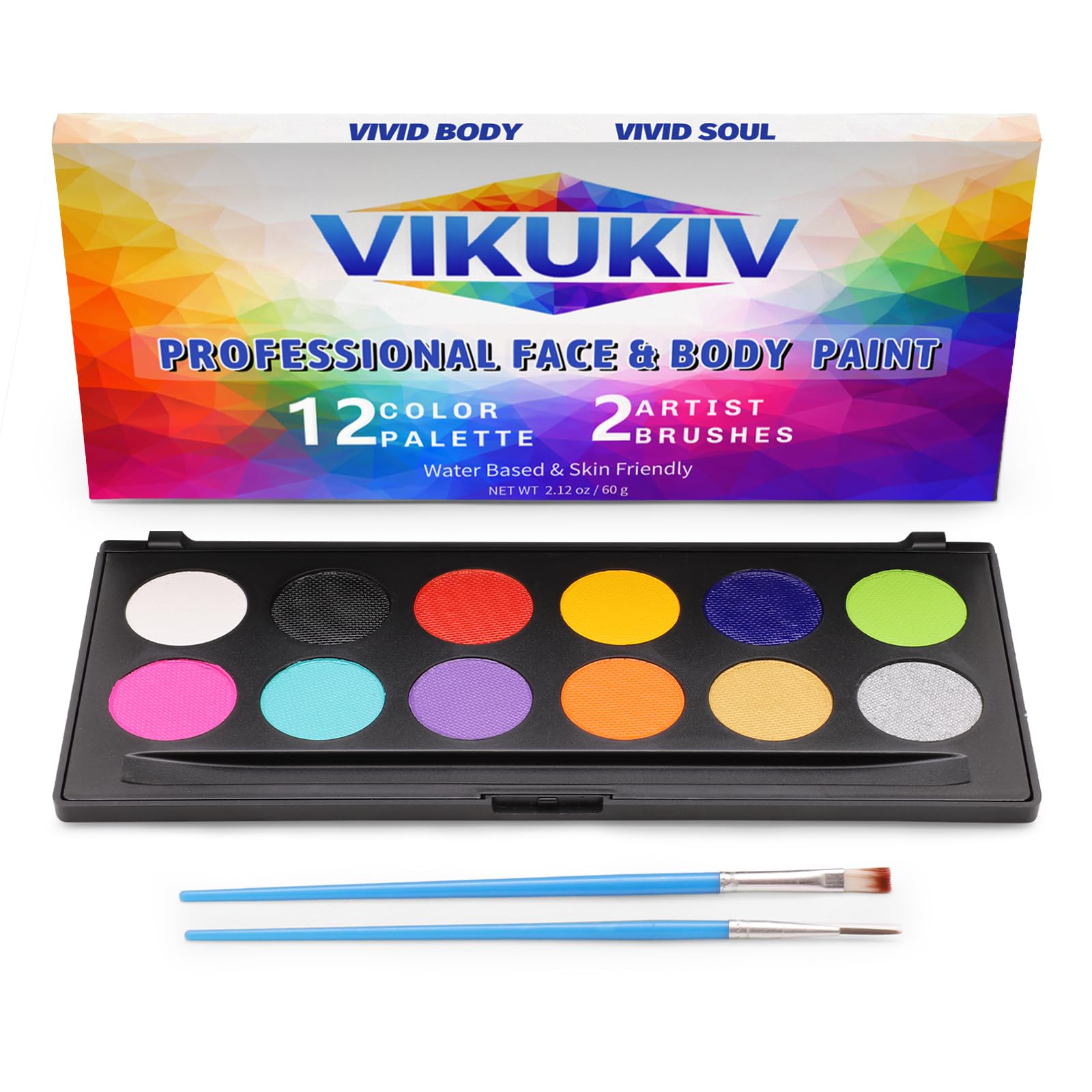 Face Body Paint Palette, 12 Colors Professional Face Painting Kit with 2 Brushes for 2026 World Cup July 4th Halloween SFX Party Costume Sport Festival Stage Cosplay Full Size Makeup Painting