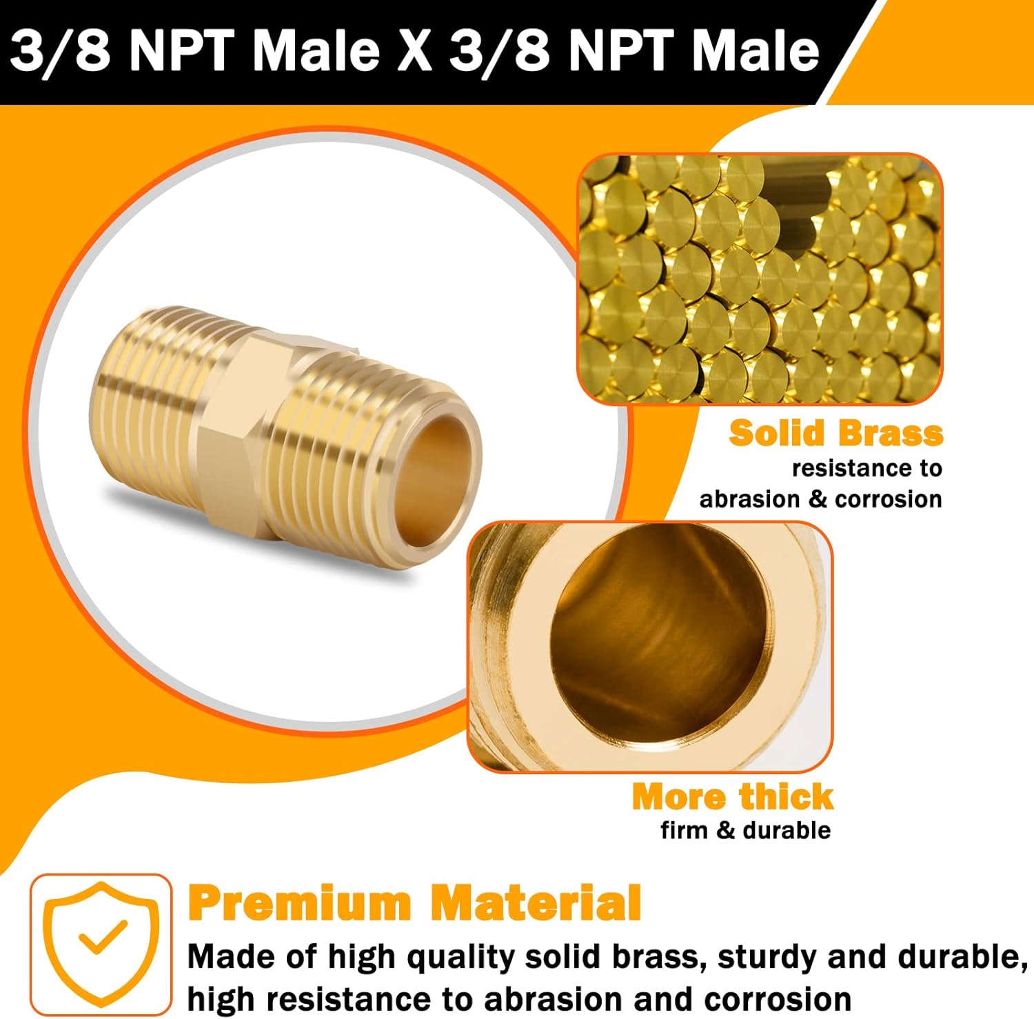 KOOTANS 3/8 NPT x 3/8 NPT Male Solid Brass Nipples Heavy Brass Pipe Adapter Fittings Equal Hex Nipple Connectors 4Pieces