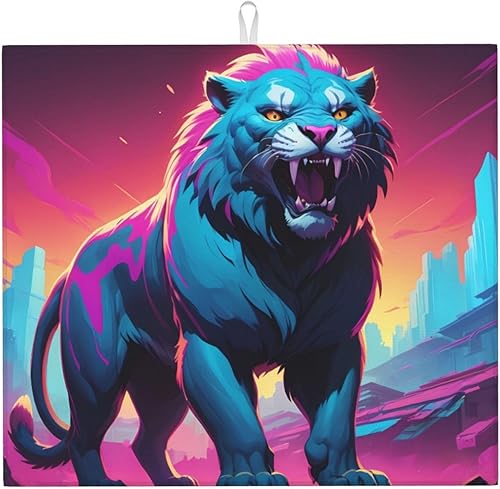 Synthwave Sabertooth Pattern Drying Mat for Kitchen  Made of sponge Water absorbent, With lanyard for hanging 18 x 16 in