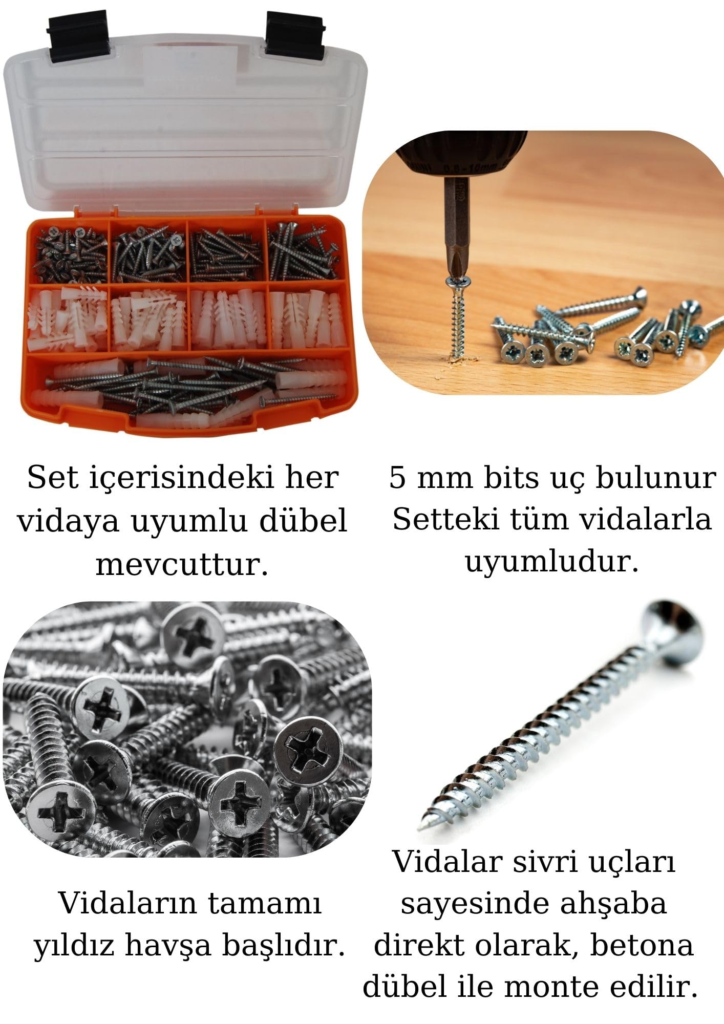 Netzerkoz All Essential Fasteners 320Parça 12 Çeşit Vida Seti, Dübelli Sunta Vidası Seti,matkap Ucu Bits Uç Ve Takım Çantası
