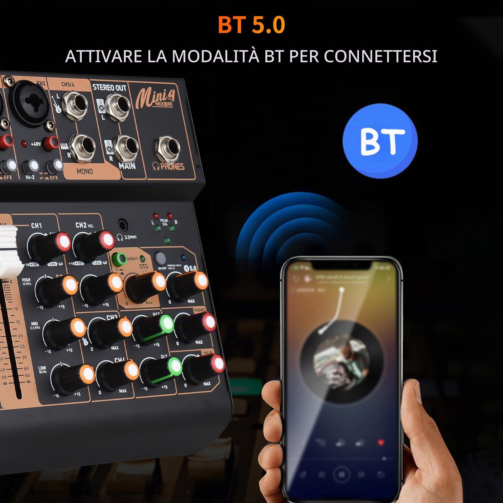 Mixer Audio Console Mixer DJ Portatile a 4 canali Mini Scheda di missaggio Audio con USB BT 48V Alimentazione Phantom EQ a 3 Bande Pulsante Loopback Console Audio per spettacoli dal Vivo Feste