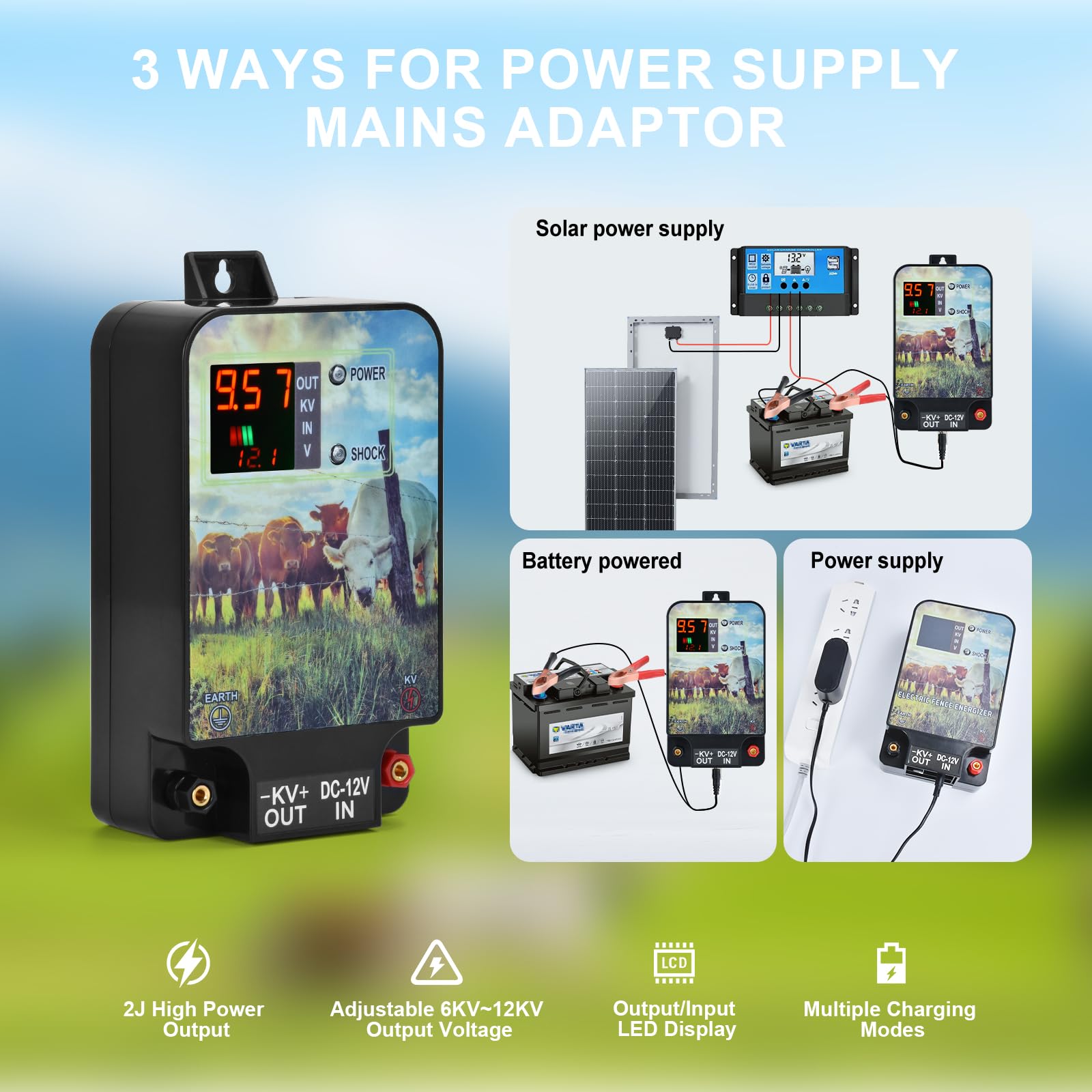 Clôture électrique Pour Animaux 15 Km - Contrôleur Haute énergie (1.5-3J) Pour Vaches, Moutons, Chevaux - Alimentation AC/DC, Livré Avec 200 M De Fil Et Boîtier étanche