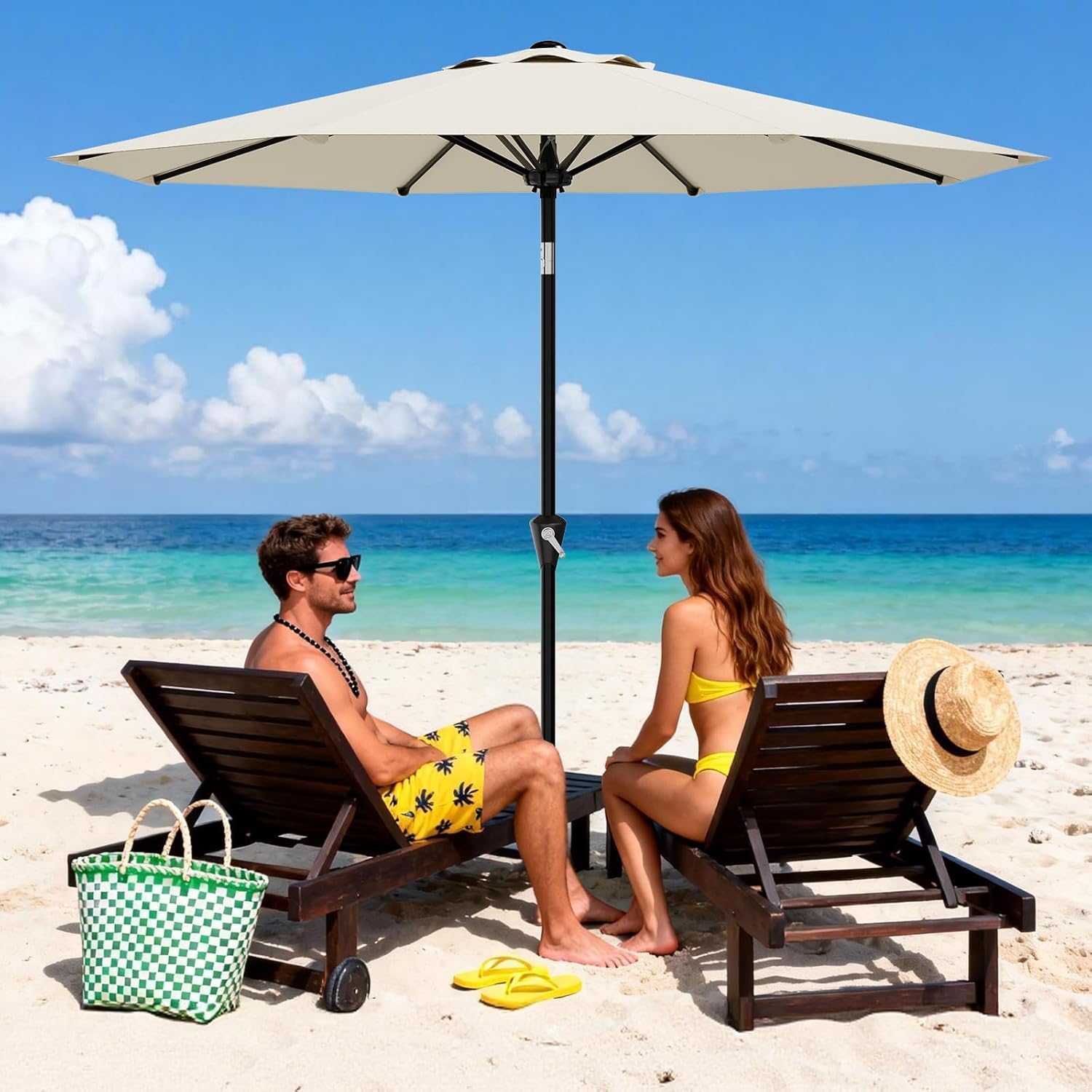 garvee 9ft patio umbrella - outdoor table umbrella with smooth crank lift, push button tilt and 8 sturdy ribs - market umbrella uv protection waterproof for pool, deck, yard, garden -beige beige 9ft
