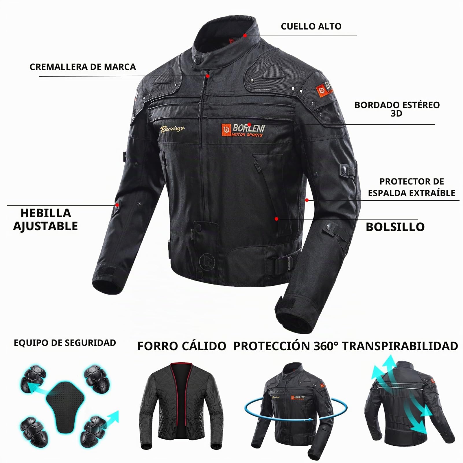 BORLENI Chaqueta de moto a prueba de viento motocicleta armadura de equipo de protección otoño invierno verano para hombre de toda estaciòn XXXL Negro | Chaqueta de motociclista, resistente al viento, equipo de protección de cuerpo completo, para todas la