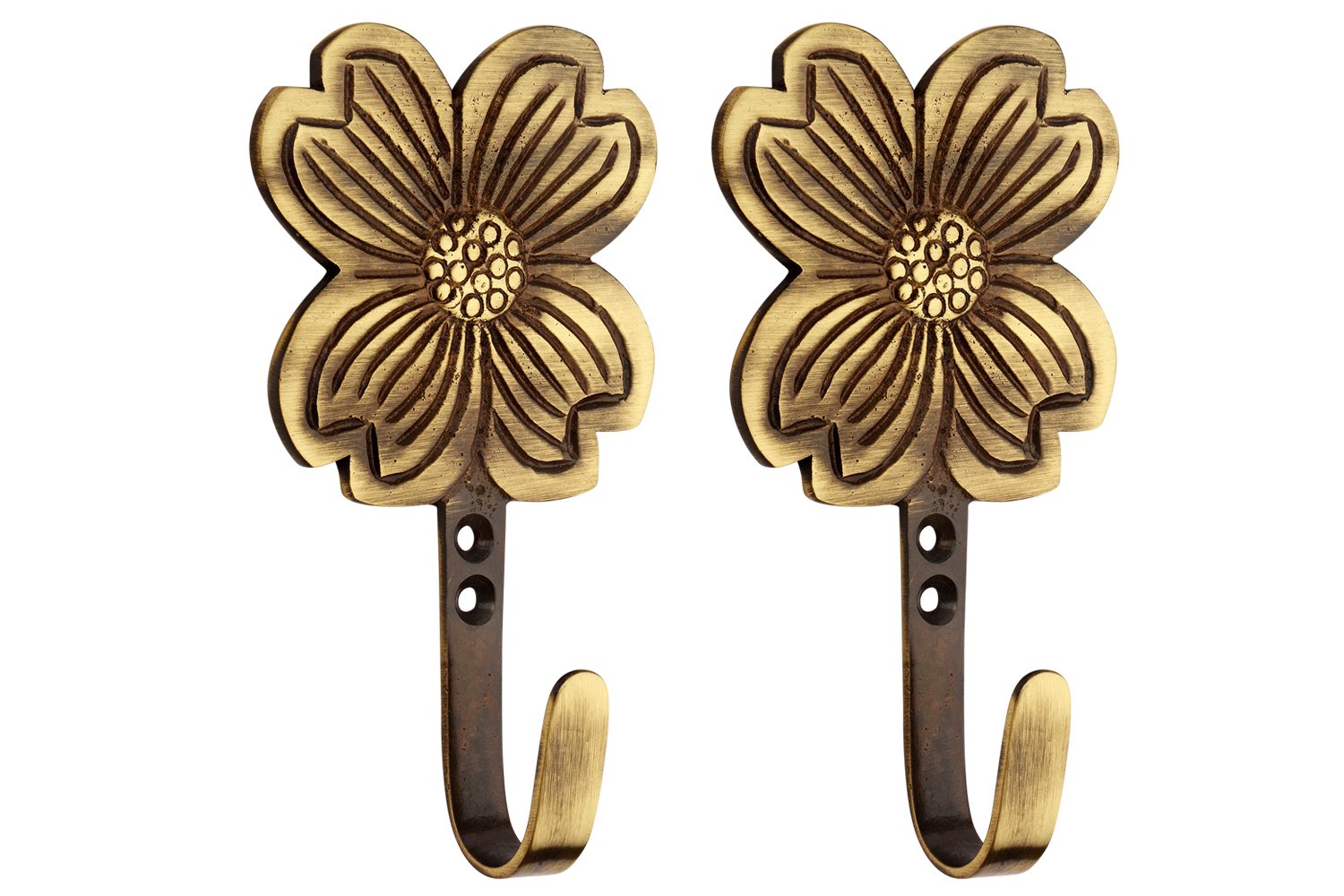 Antique Brass Flower Hooks - Set of 2 -1 Antique Brass Flower Hooks - Set of 2 -1