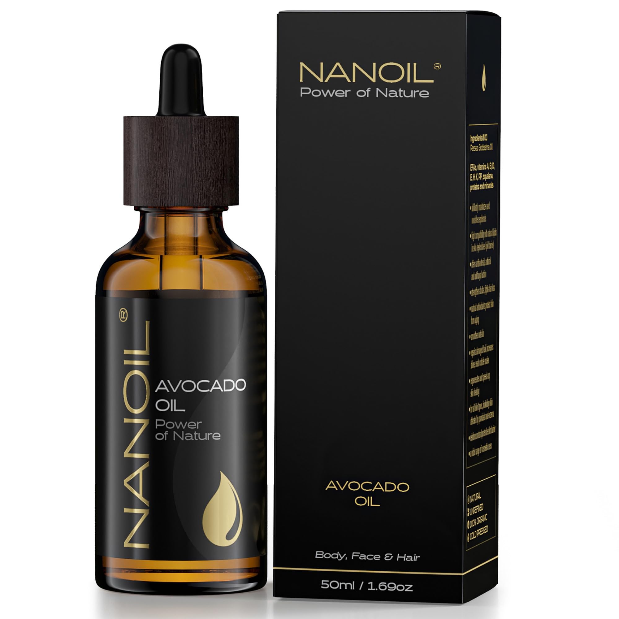 Olejek z awokado Nanoil Avocado Oil 50 ml – naturalny, zimnotłoczony i nierafinowany olejek do pielęgnacji włosów, ciała i twarzy
