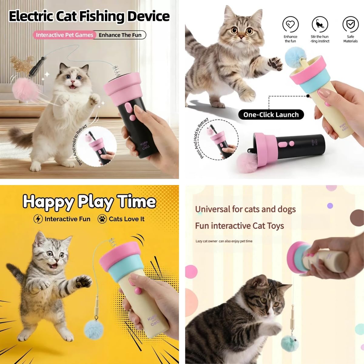 Générique Jouet Chat, Canne A Peche pour Chat avec Corde Telescopique, Jouet Interactif Electrique Lanceur De Balles pour Chats (A)