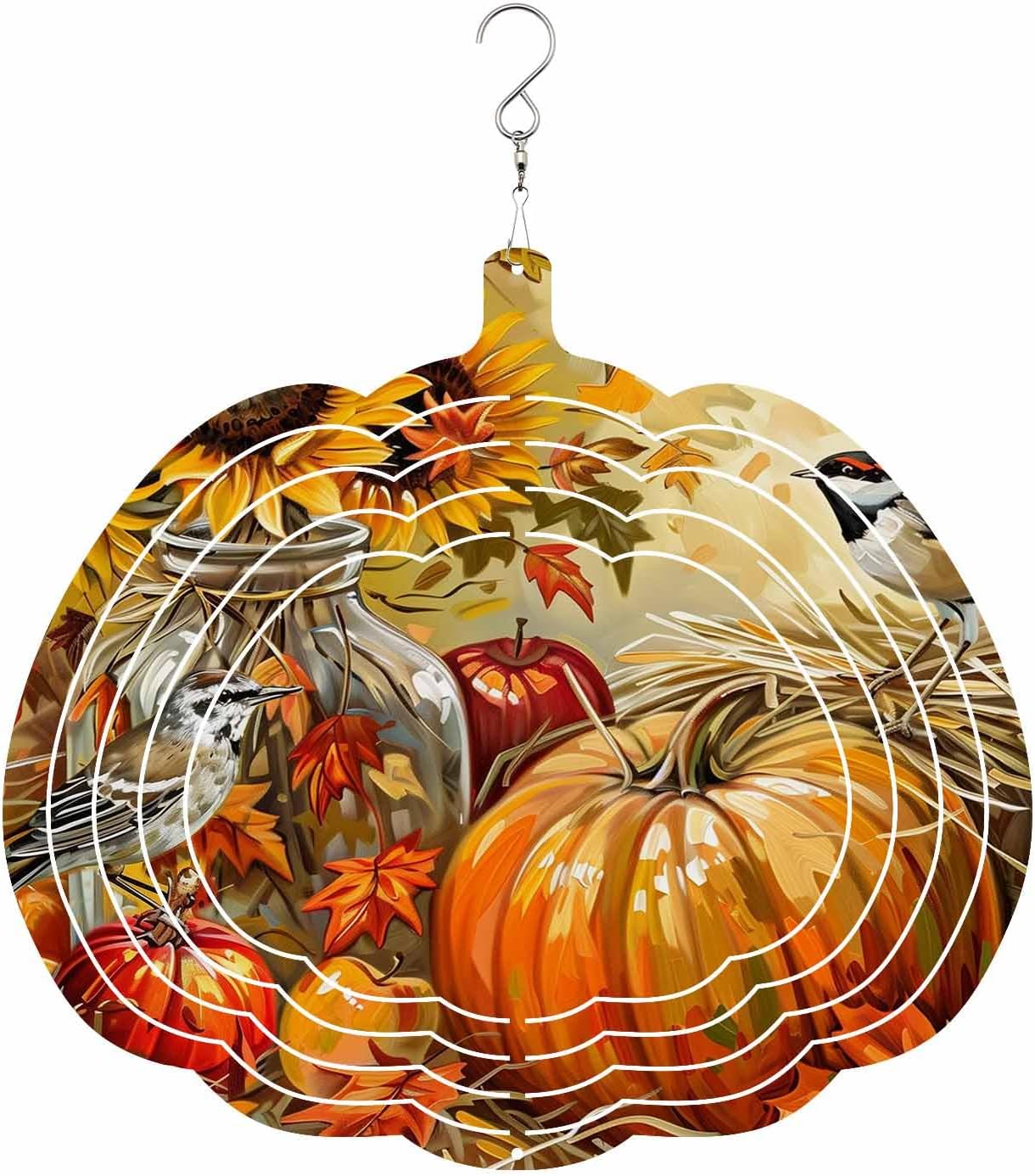 Fall Wind Spinners for Yard and Garden Bird Pumpkin Wind Spinner Sunflower Maple Leaves 3D Metal Stainless Steel Pumpkin Wind Sculptures Chimes Outdoor Patio Thanksgiving Hanging Decor 12 Inch
