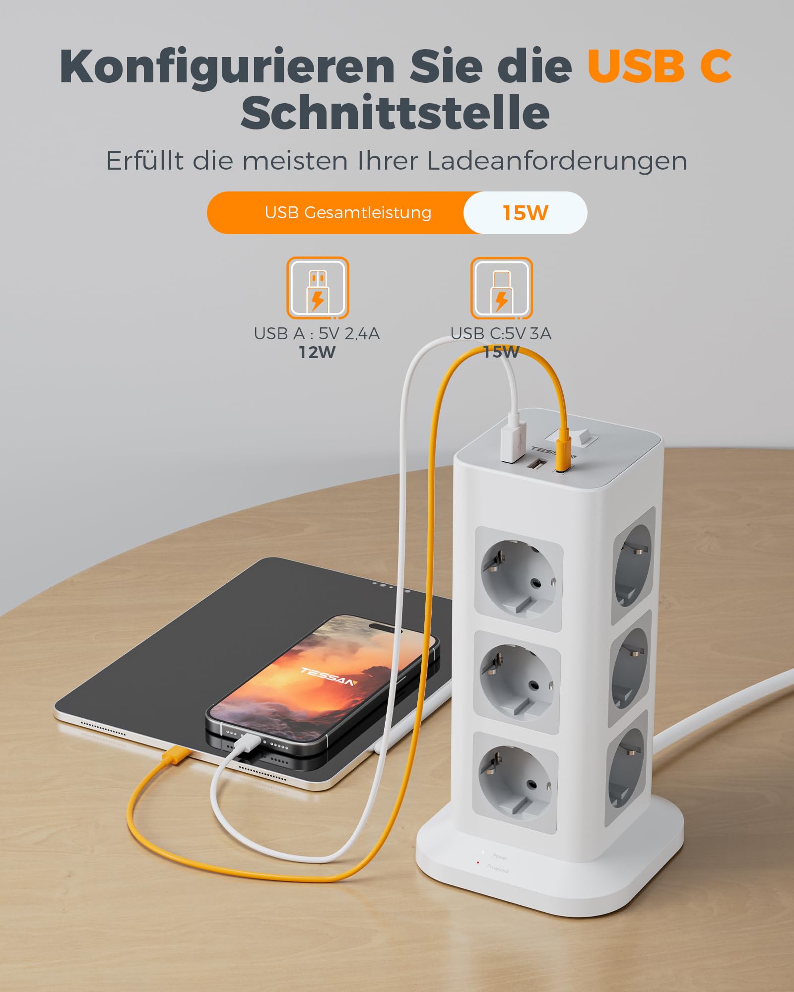 TESSAN Mehrfachsteckdose mit USB C, 12 Fach, Verlängerungskabel 10 Meter | 1 USB C und 2 USB A, Steckerleiste Überspannungsschutz, Verlängerungskabel 10M, 3600W Verteilersteckdose für Zuhause, Grau