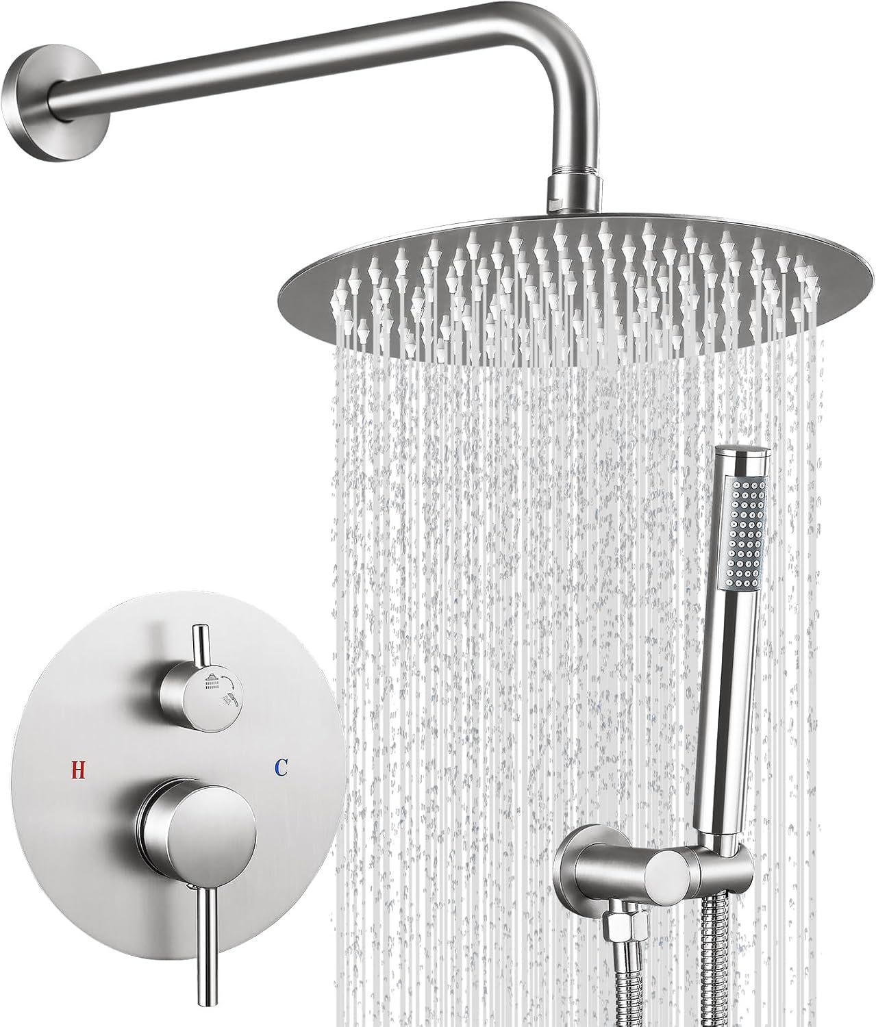 Shower Faucet Set with Shower Head, Wall Mount 10 Inch Rainfall Shower Head and Handle Set Shower System Set (Brush Nickel)