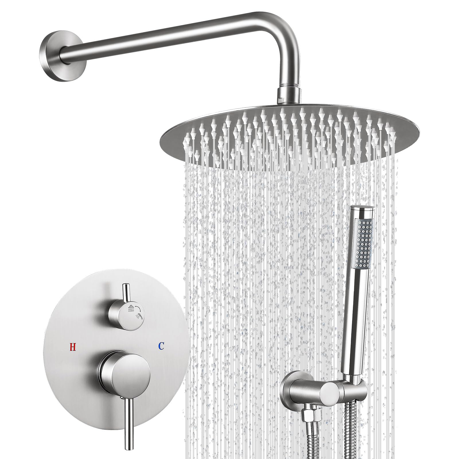 Ensemble de robinet de douche encastré en nickel brossé avec tête de douche pluie 25,4 cm
