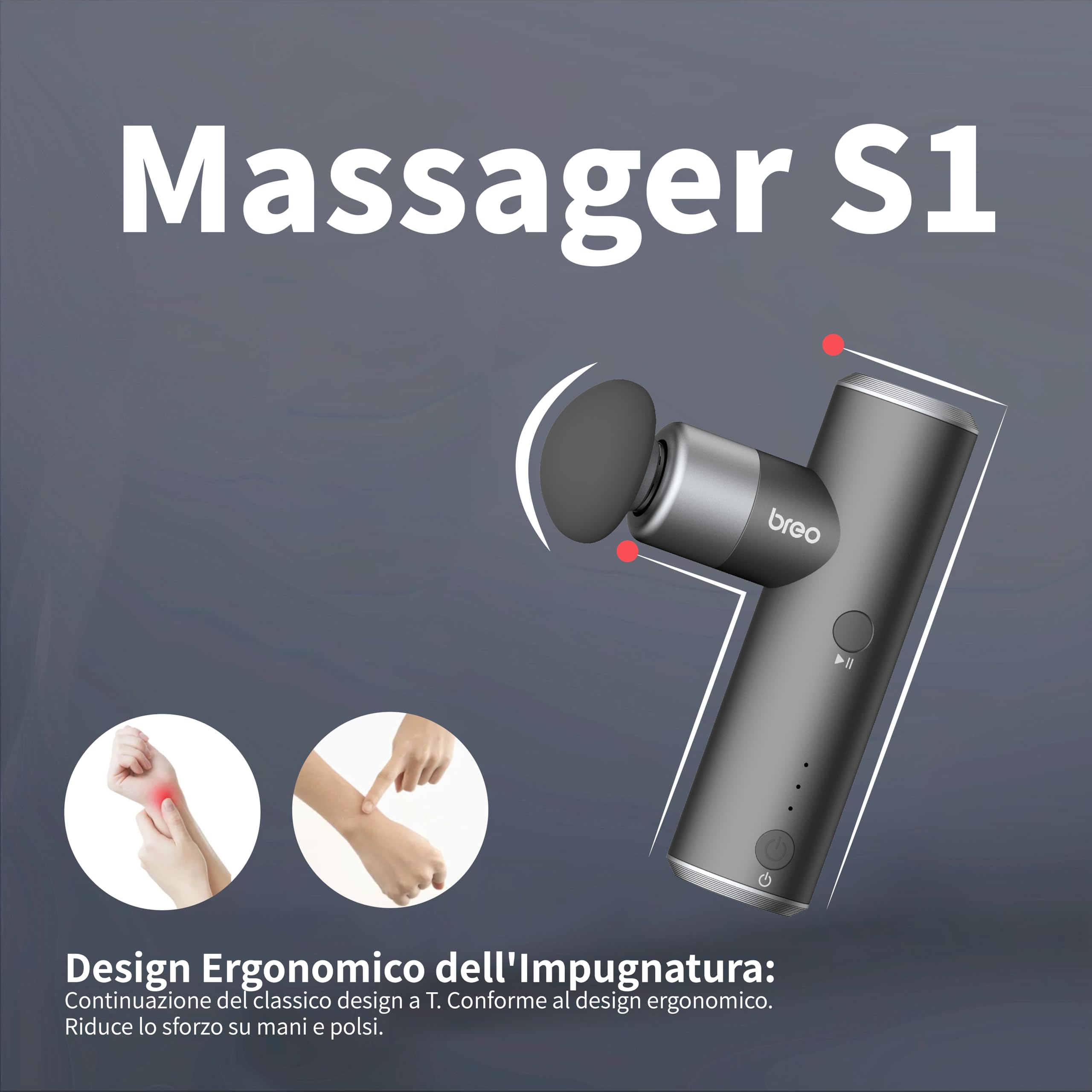 Breo S1 mini Pistola Massaggio Percussivo Muscolare, Grigio Scuro | 4 livelli di intensità, 3 testine massaggianti rimovibili, potente e silenzioso, compatto per casa, ufficio e sport
