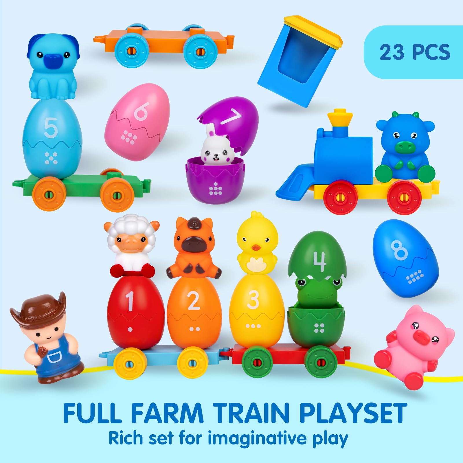Juguetes de aprendizaje para niños pequeños de 1, 2 y 3 años, juego de tren de granja Montessori con 8 animales de granja y 1 marioneta de dedo de granjero, regalo de Navidad, Pascua 7