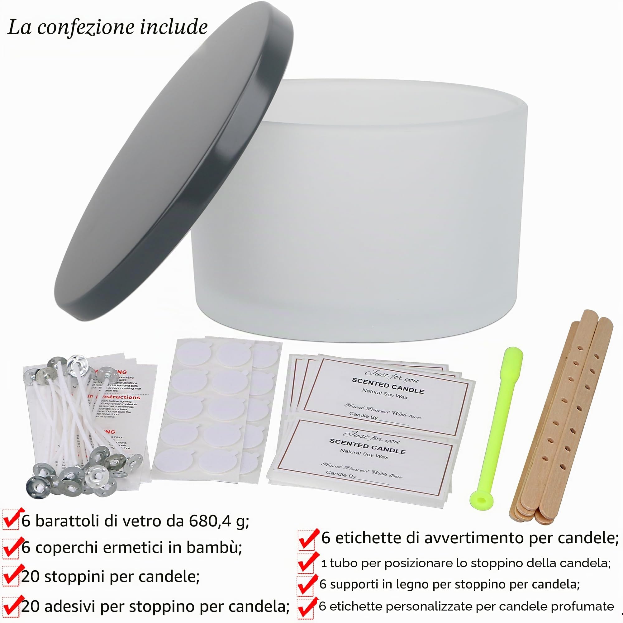 MILIVIXAY 6 barattoli per candele da 680 ml con coperchio in metallo e kit per la produzione di candele, 3 stoppini, barattoli vuoti in vetro smerigliato per la produzione di grandi candele, spezie