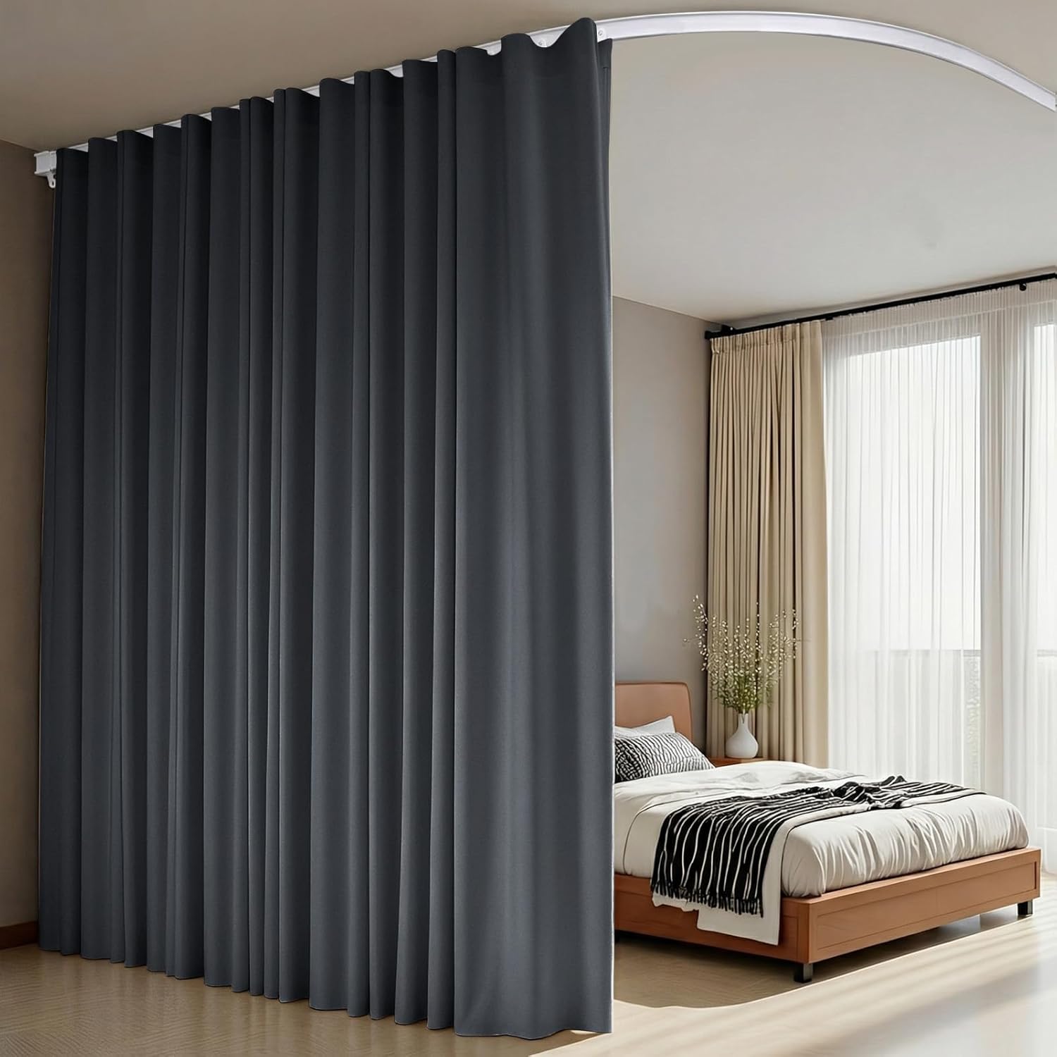 Room Divider Curtains Flexible Ceiling Tracks set,Blackout Ceiling Track Curtain for Sliding Glass Door Living Room Bedroom,Ceilings Curtain Rod Privacy Divider Panel W180xH108 Grey Drape&White rail
