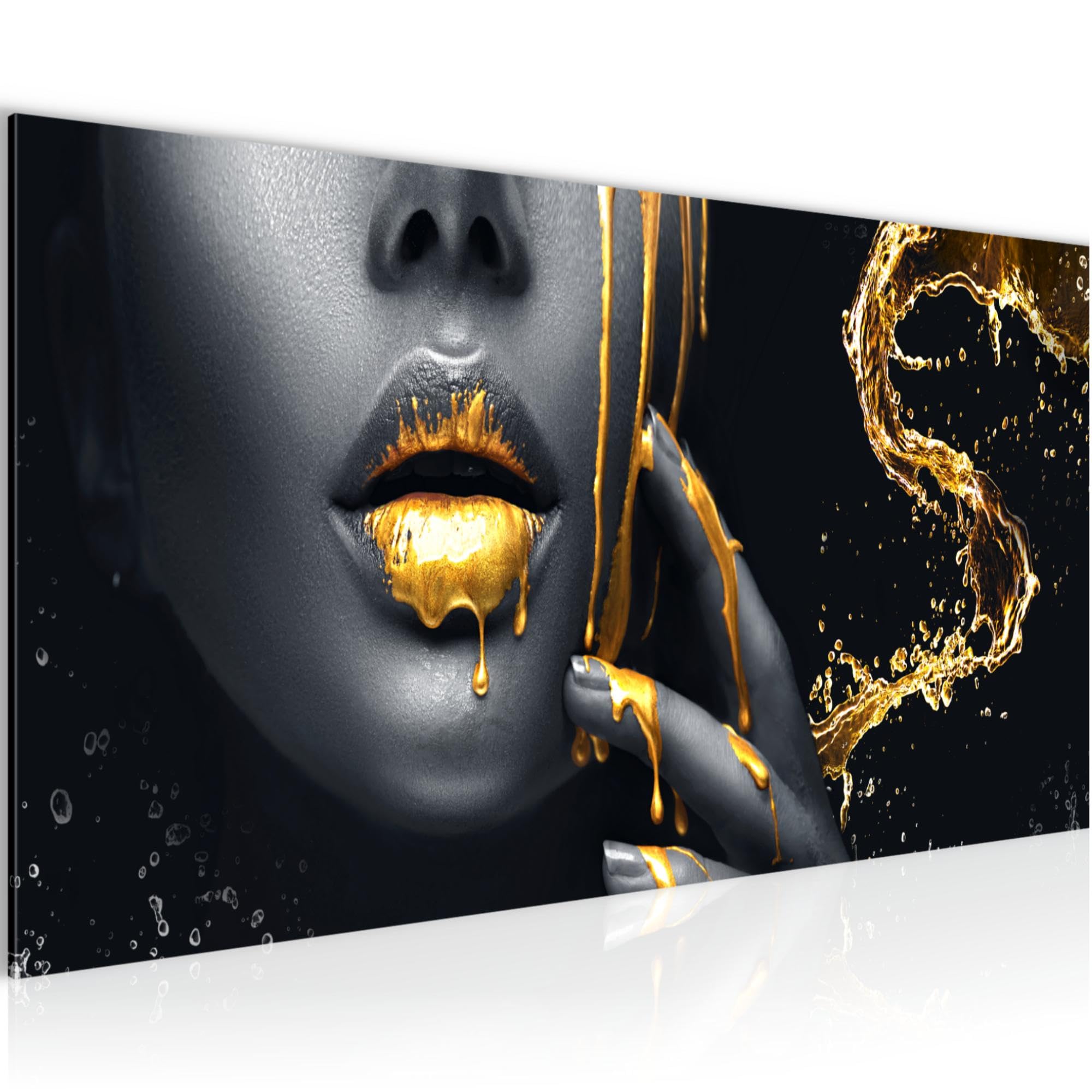 Runa Art Cuadro Decorativo Labios Dorados 1 Parte Moderno Cuadro Lienzo no Tejido para Sala Belleza Mujer Oro Negro 041512a