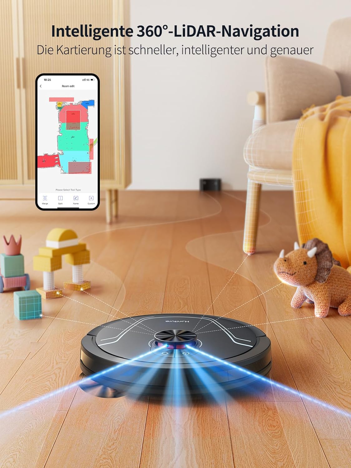 The robot vacuum using LiDAR navigation to map a room, with a smartphone app displaying the mapped area.