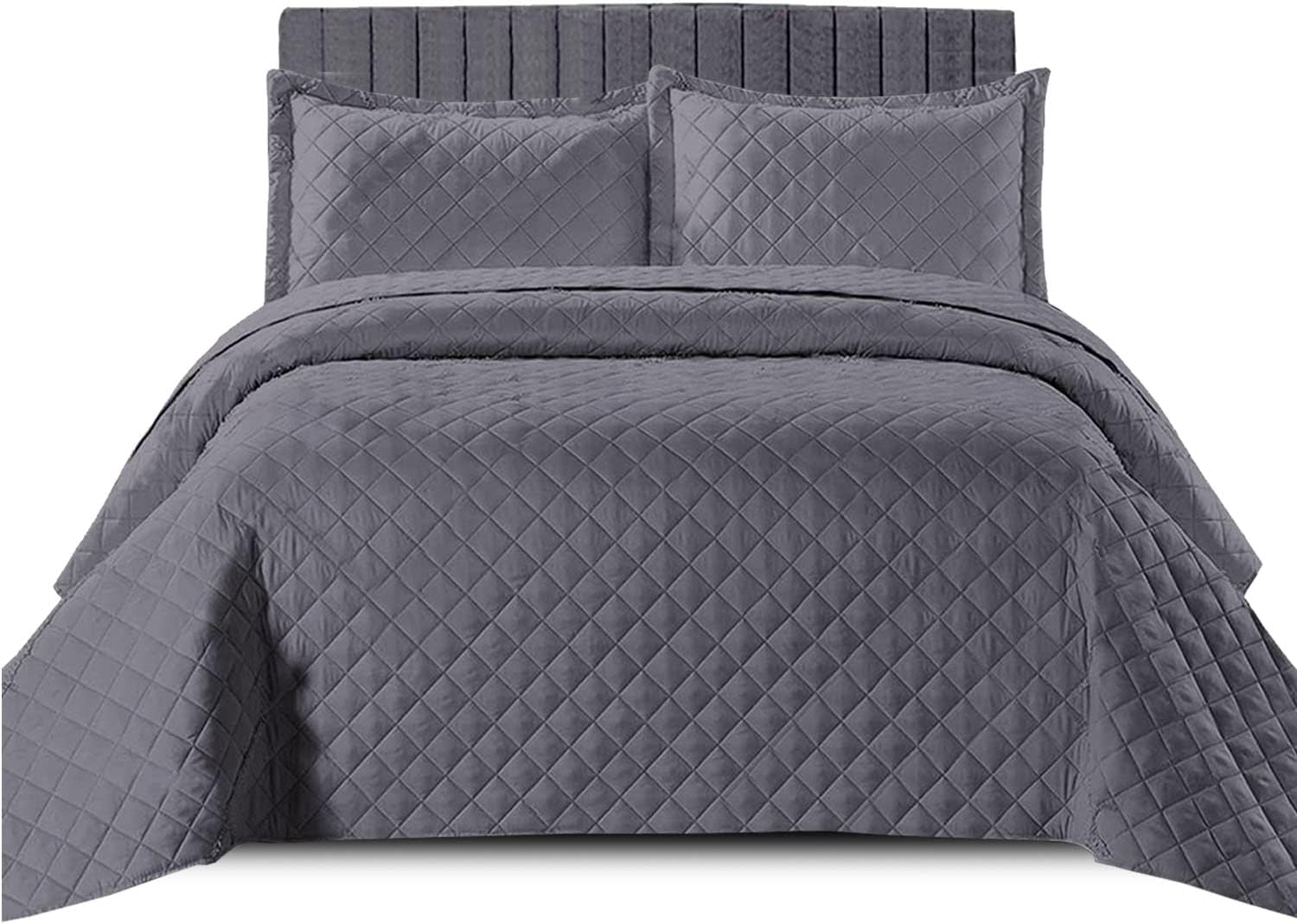 PHP Quilted Bedspread Bed Throw for Bedroom Decor - Luxury Warm Embossed Pattern Lightweight Quilt Bedspread Coverlet Complete Bedding Set with Pillow Shams (Single, Grey)