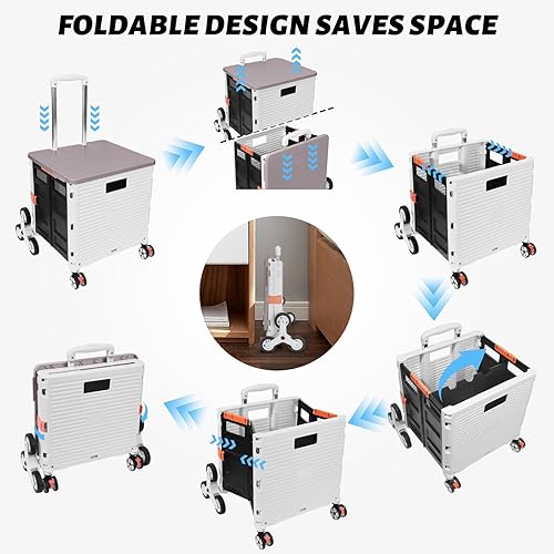 Miniatura 109 de FELICON SELORSS - Carrito plegable portátil con ruedas para subir escaleras y ruedas giratorias de 360°, mango telescópico, caja de plástico