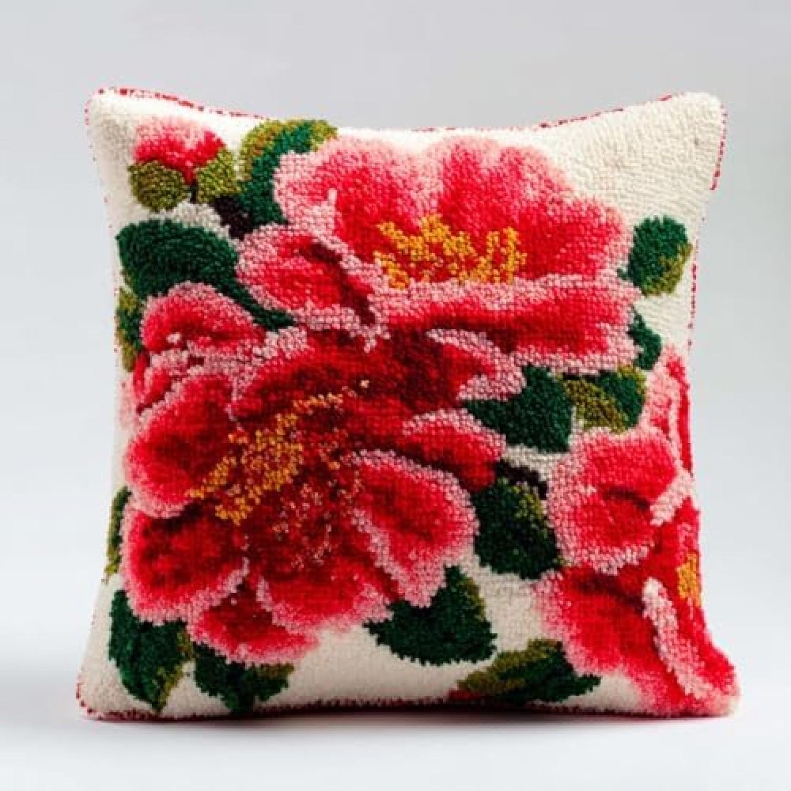 kitphoenix Latch Hook Cushion Cover Kit for Adults Beginners,Camellia Flowers,43x43 cm DIY Craft Kit with Pre-Printed Canvas,Pre-Cut Yarn and Hook