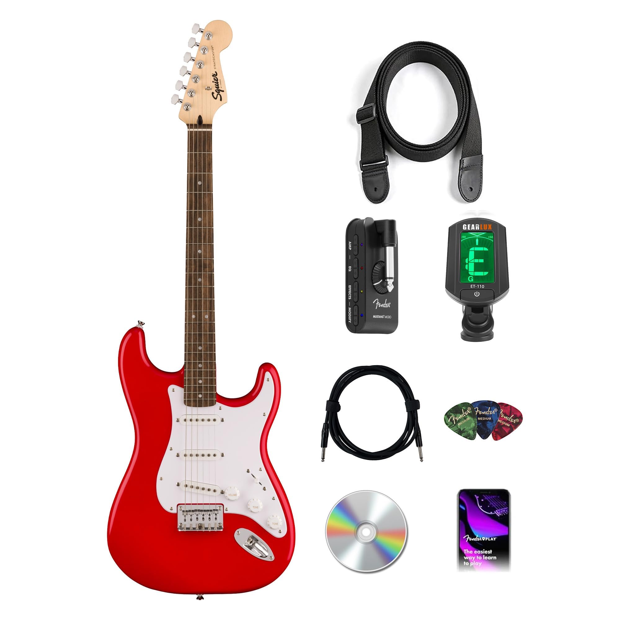 Fender Squier Sonic Stratocaster HT - Torino Red Bundle with Mustang Micro Headphone Amp, Cable, Tuner, Strap, Picks, and Austin Bazaar Instructional DVD