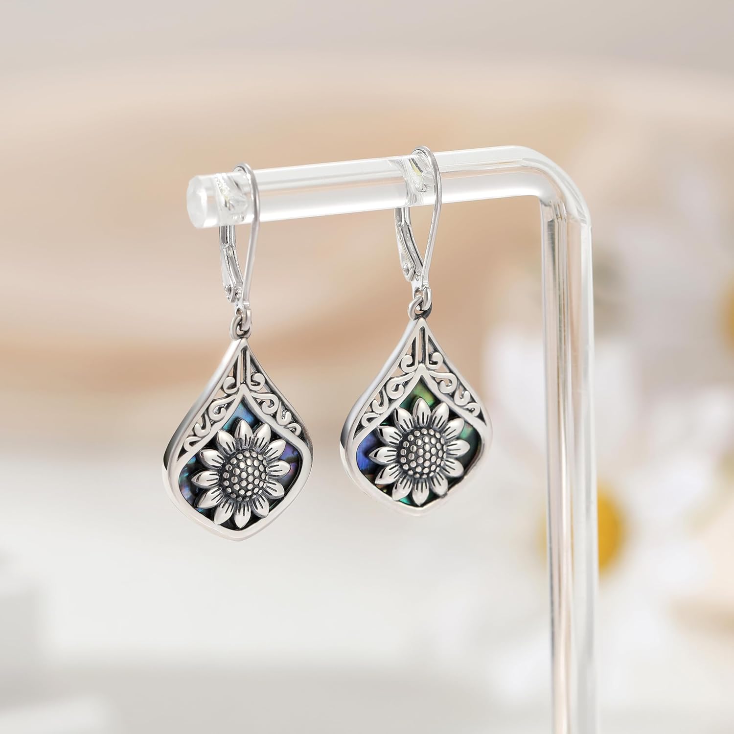Sterling Silver Abalone Shell Filigree Dangle Drop Earrings Bohemia Jewelry Gift for Women Mother Mom - Image 3