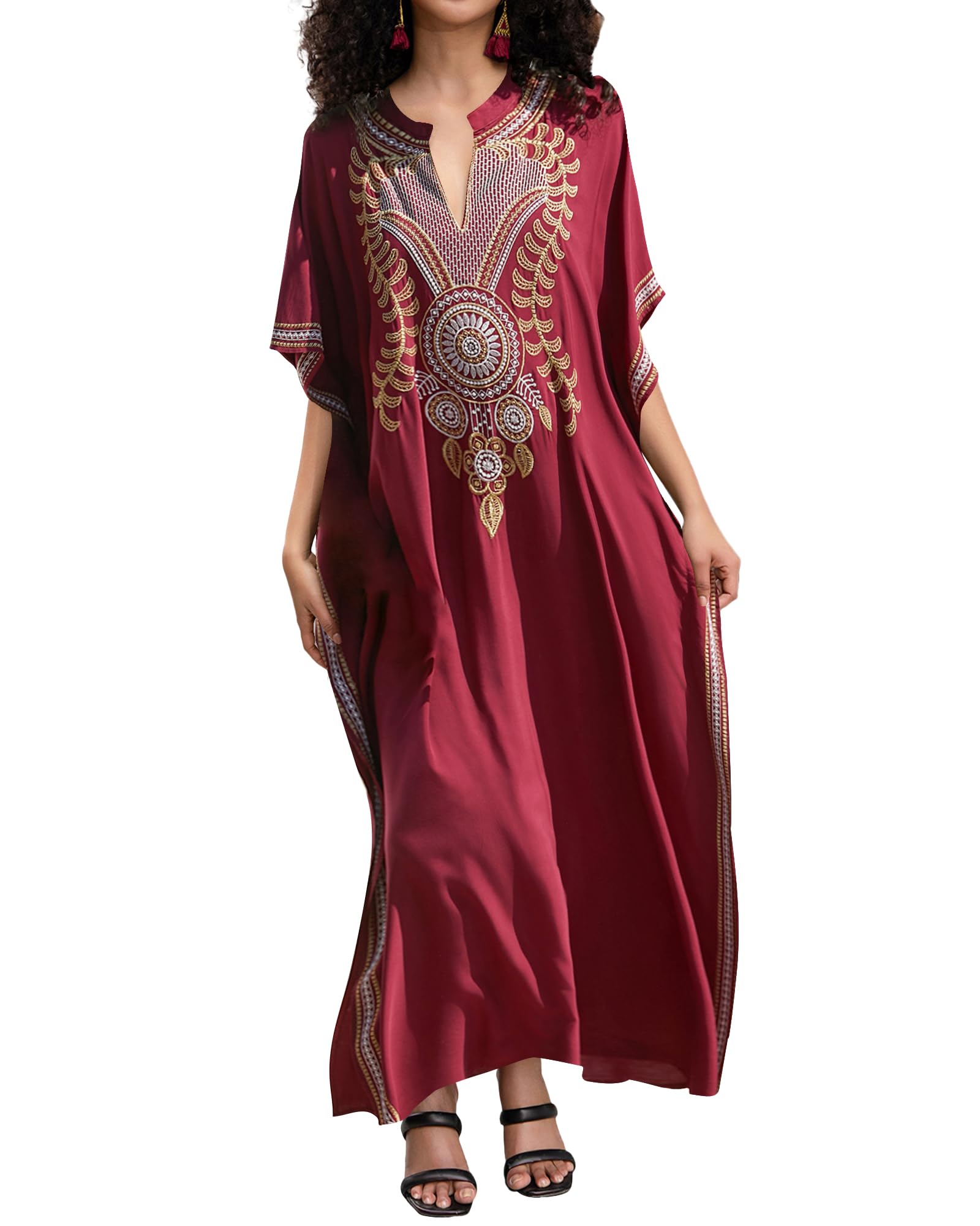 BsubseachWomen Bathing Suit Cover Up Ethnic Print Kaftan Beach Maxi Dresses