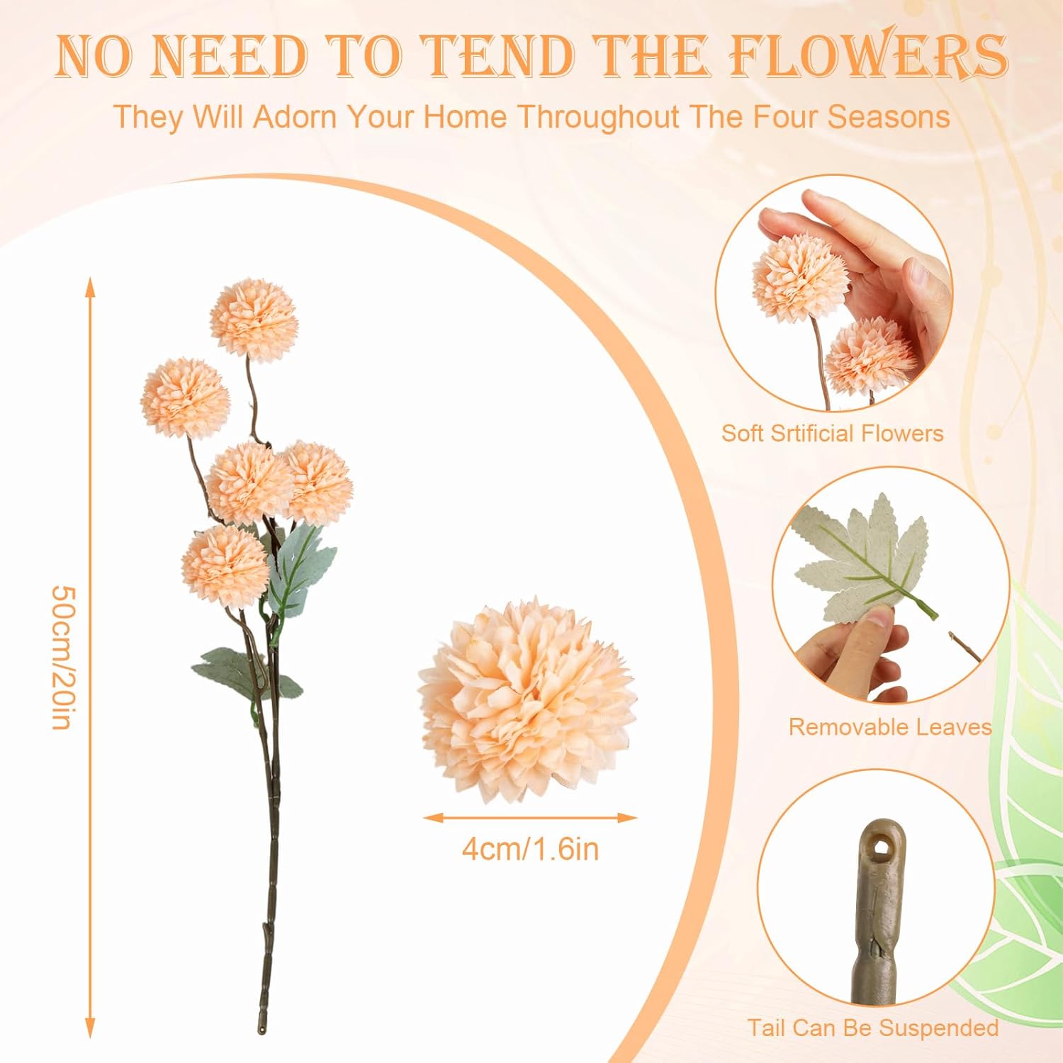 INQCMY Artificial Flowers 12pcs Ball Chrysanthemums for Weddings Silk with Stemsdiy Champagne Bouquets Indoor and Outdoor Decoration Kitchen Table Decor (Light Orange)