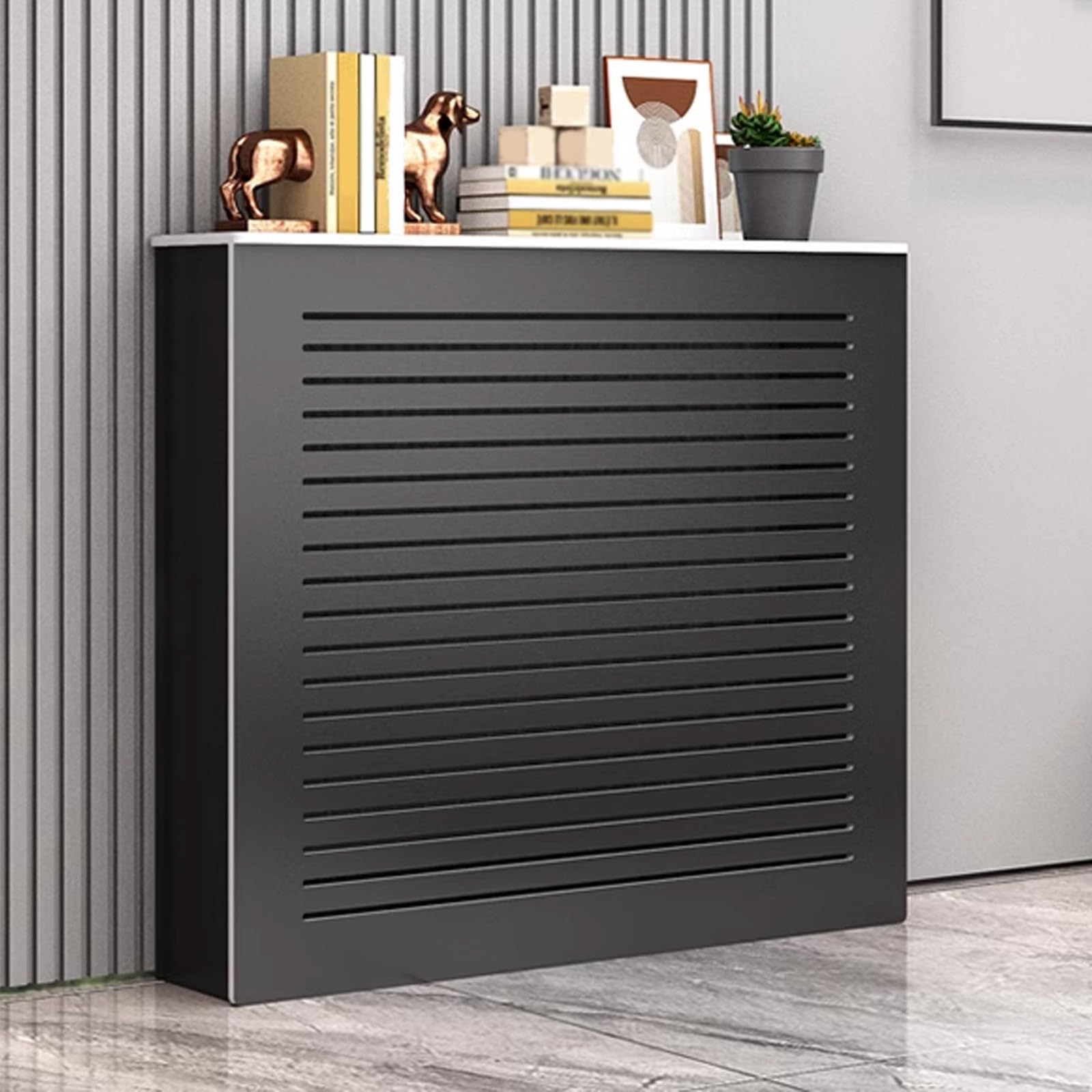 Mueble con cubierta para radiador eficiente que optimiza calor en estancias compactas