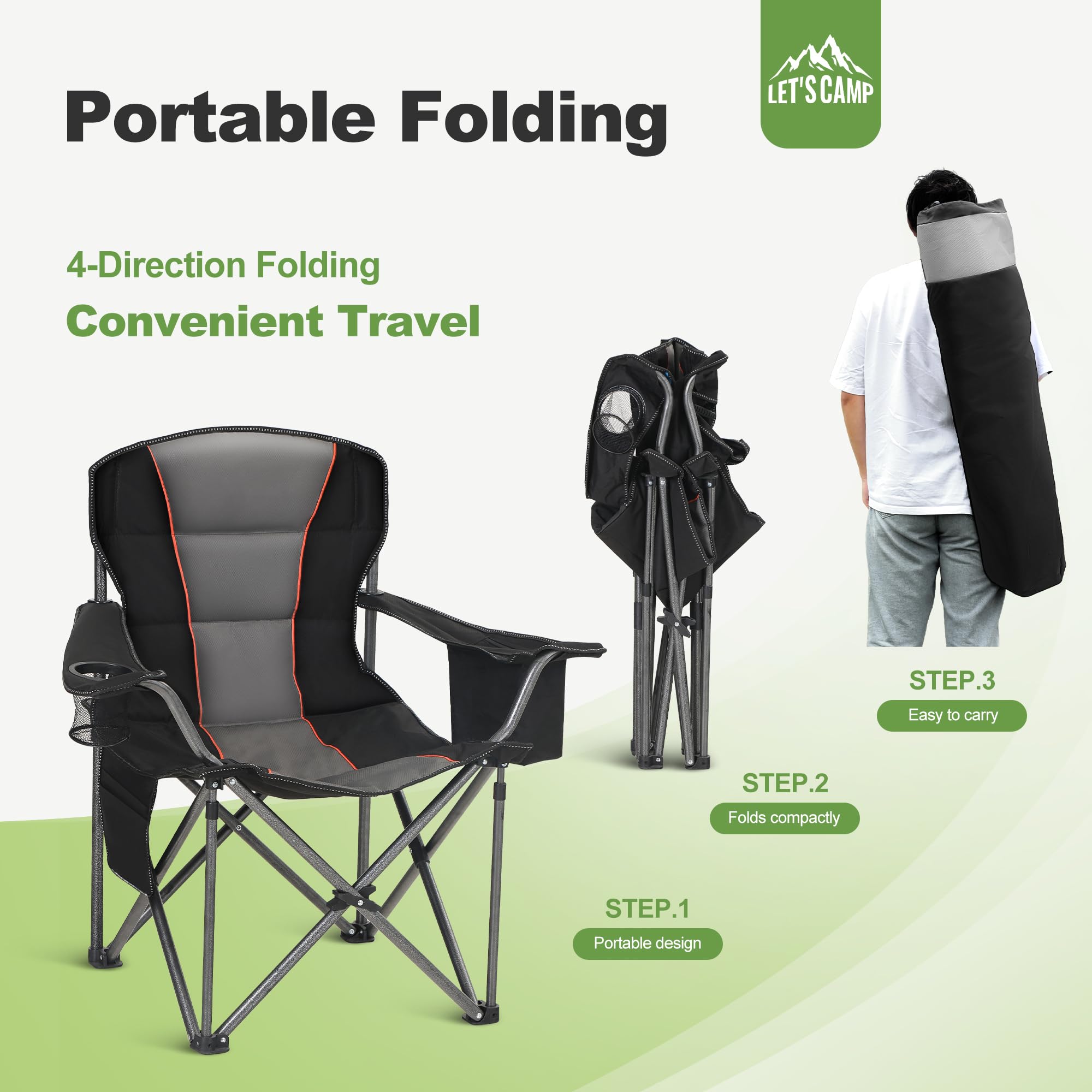 LET'S CAMP Campingstuhl Klappstuhl Faltbar Übergroßer Angelstuhl mit Getränkehaltern Kühltasche Faltstuhl Outdoorstuhl bis 200kg