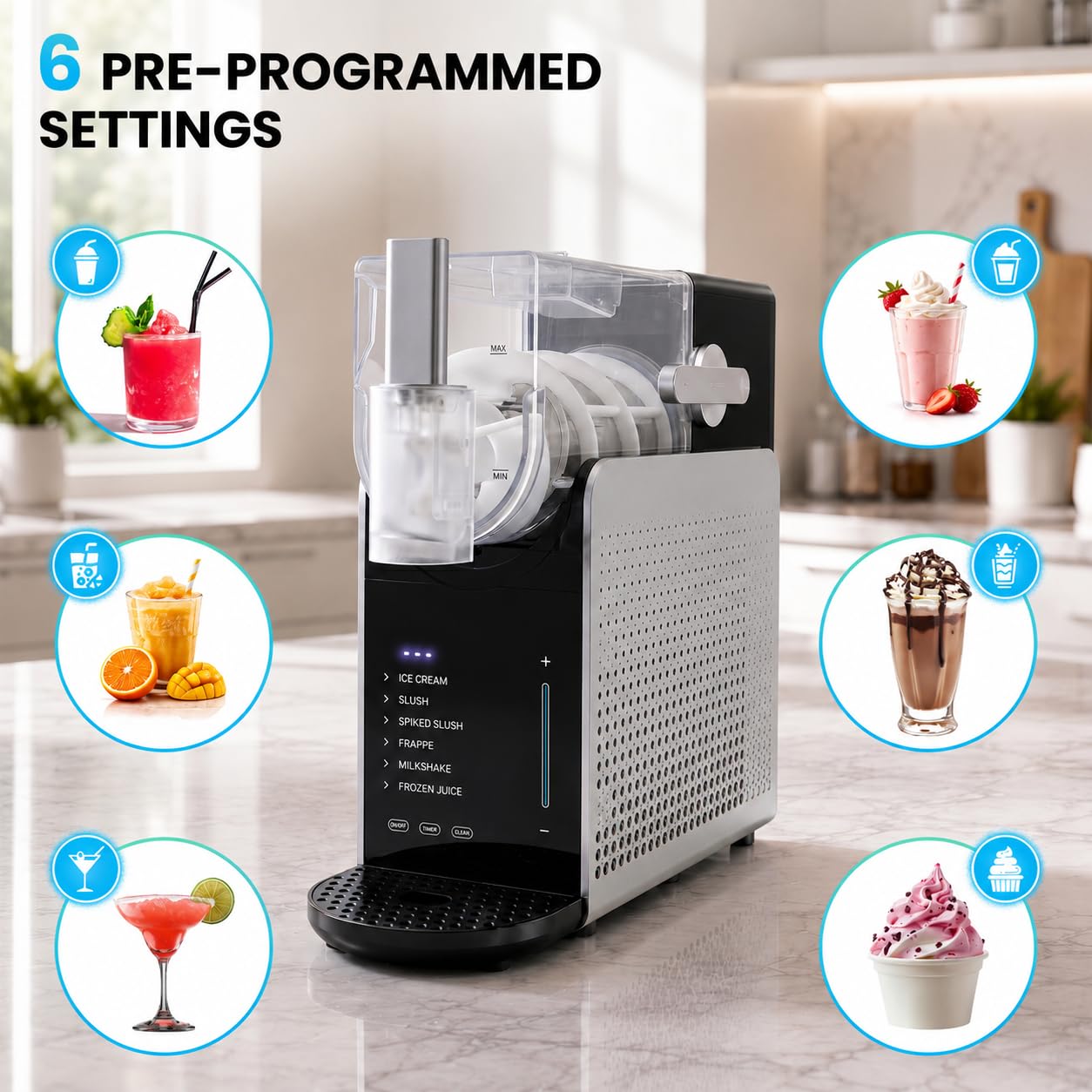 Macchina per Granita 1,6L – Slush Machine con 6 Programmi, Milkshake, Frappé, Frozen Juice, Bevande Ghiacciate, Timer, Senza BPA, 200W – Nero
