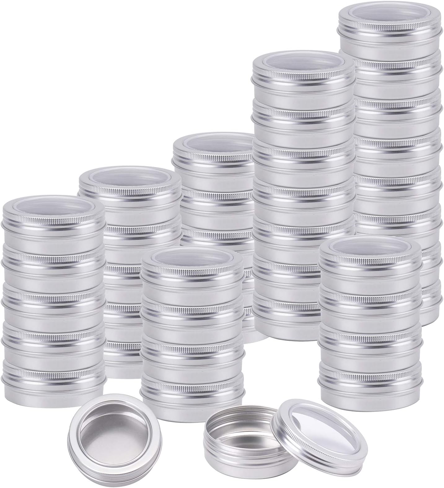 Foraineam 40 Pack 2 Ounce Round Tin Cans Metal Empty Tins Silver Aluminum Kitchen Office Travel Storage Containers with Clear Screw Top Lids