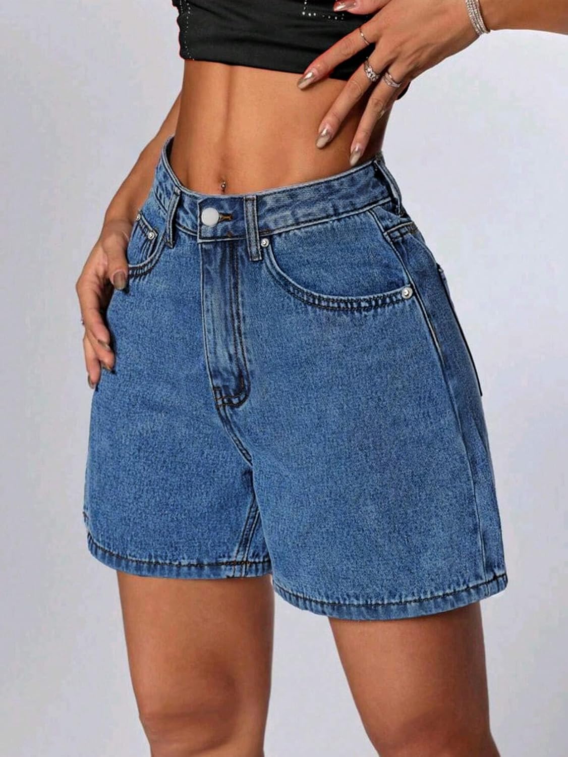 EMMIOL Jean Shorts Womens High-Mid Waisted Stretchy Basic Wash Solid Curvy Plus Size Boyfriend Denim Shorts Casual Y2k Jorts Navy Blue XL - Image 3