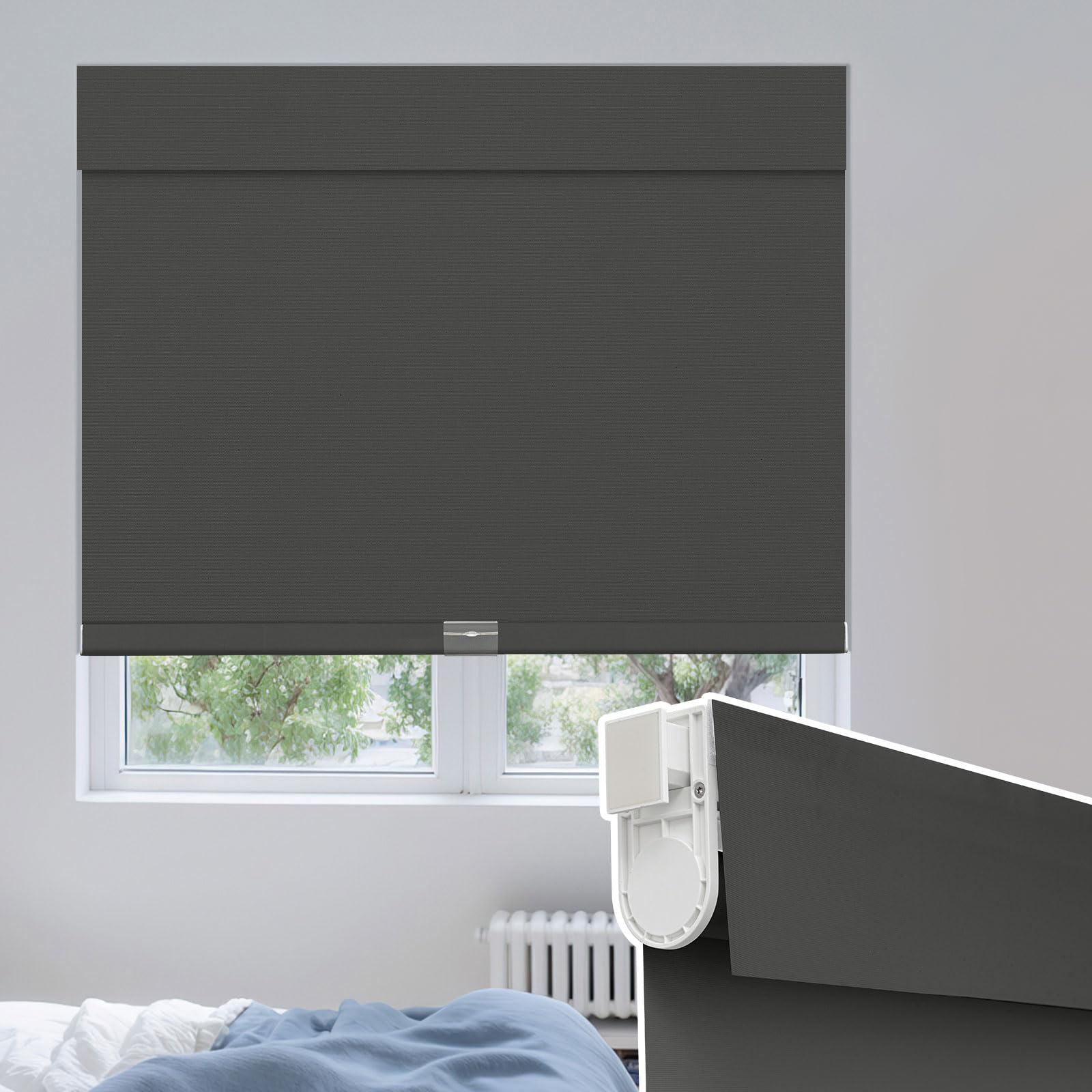 UrMoon No Drill Cordless Roller Blinds for Windows,Thermal Blackout Insulated UV Protection Waterproof Roller Shades for Home Ofiice Bathroom Kitchen(Blackout-Dark Grey,84cm W*150cm H）
