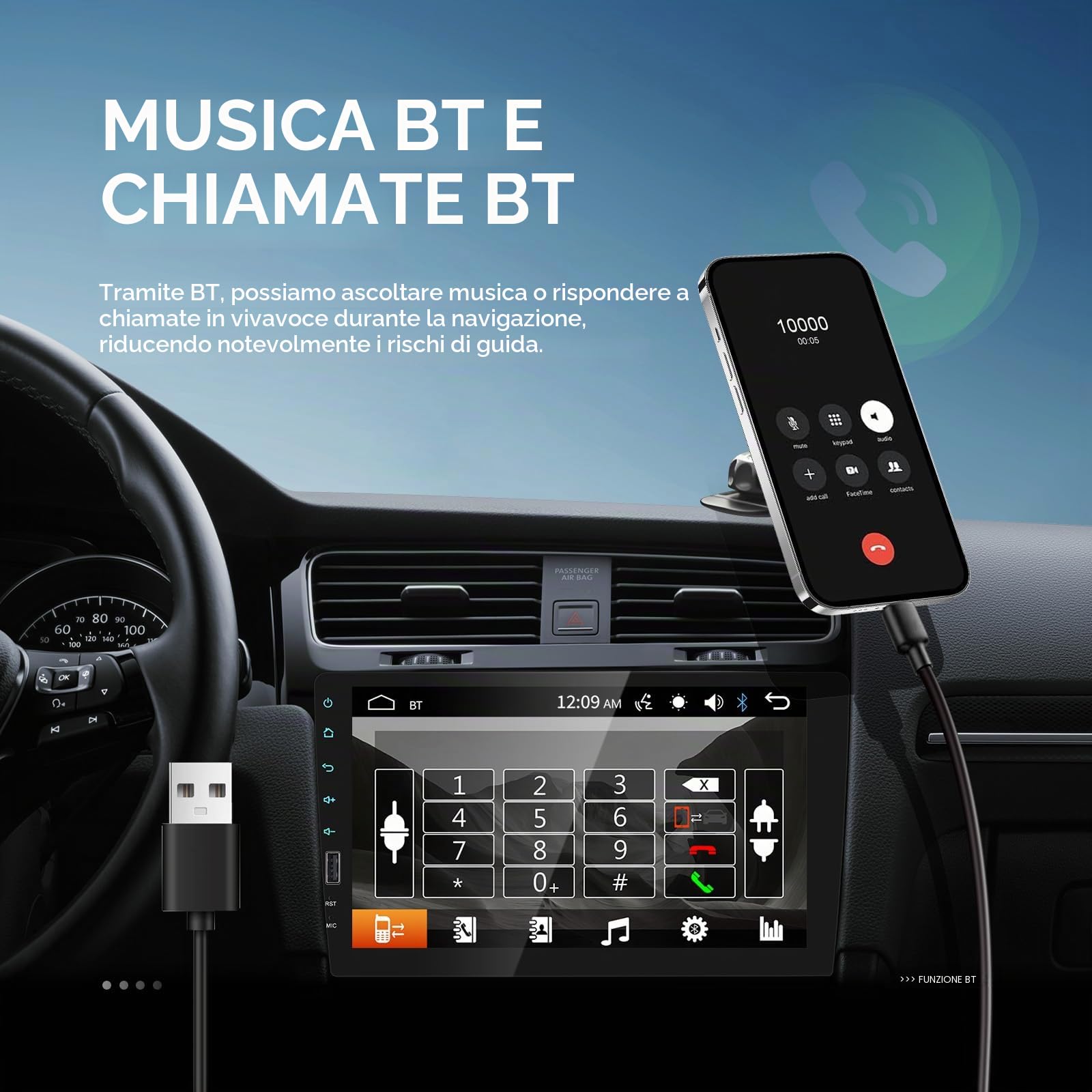 1 DIN Autoradio Bluetooth Touch Screen 9 Pollici | Stereo Auto Schermo Double Din Radio Supporto FM, USB, EQ, Specchiamanto Telefono, con Telecamera Posteriore