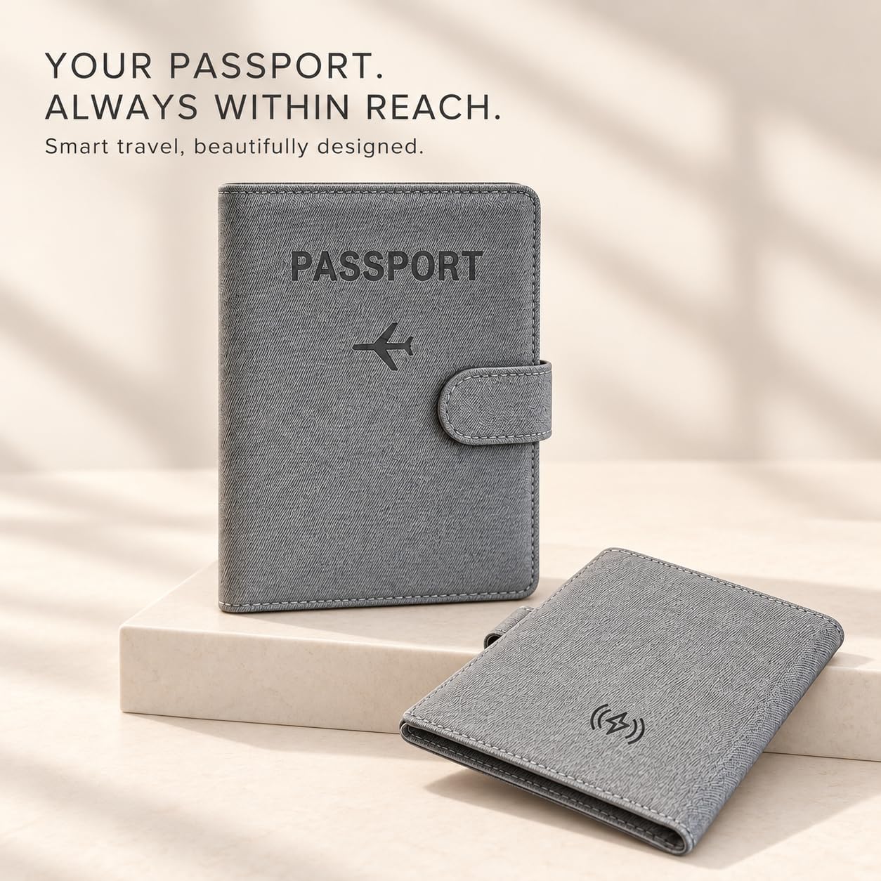 Trackable Passport Holder for Travel (iOS Only), Compatible with Apple Find My, Wireless Charging Smart Passport Cover, 3‑Year Battery Life, RFID‑Blocking Travel Wallet Gift (Gray) image 2