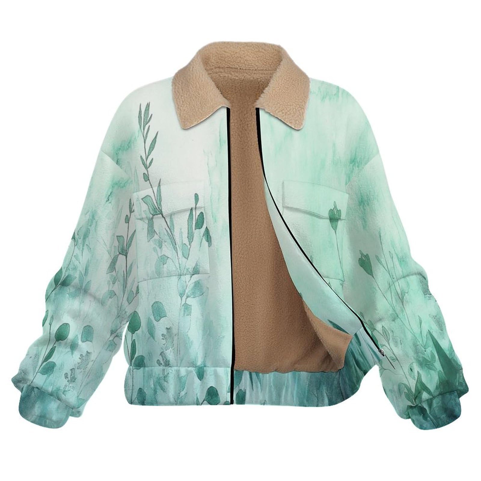Donna Pile Stampa Boemia Caldo con Cerniera, Giacca da Camera Invernale Corta Pile Giacche, Piante fiori selvatici Cappotto In Peluche Sherpa Giubbotto Fleece Comoda