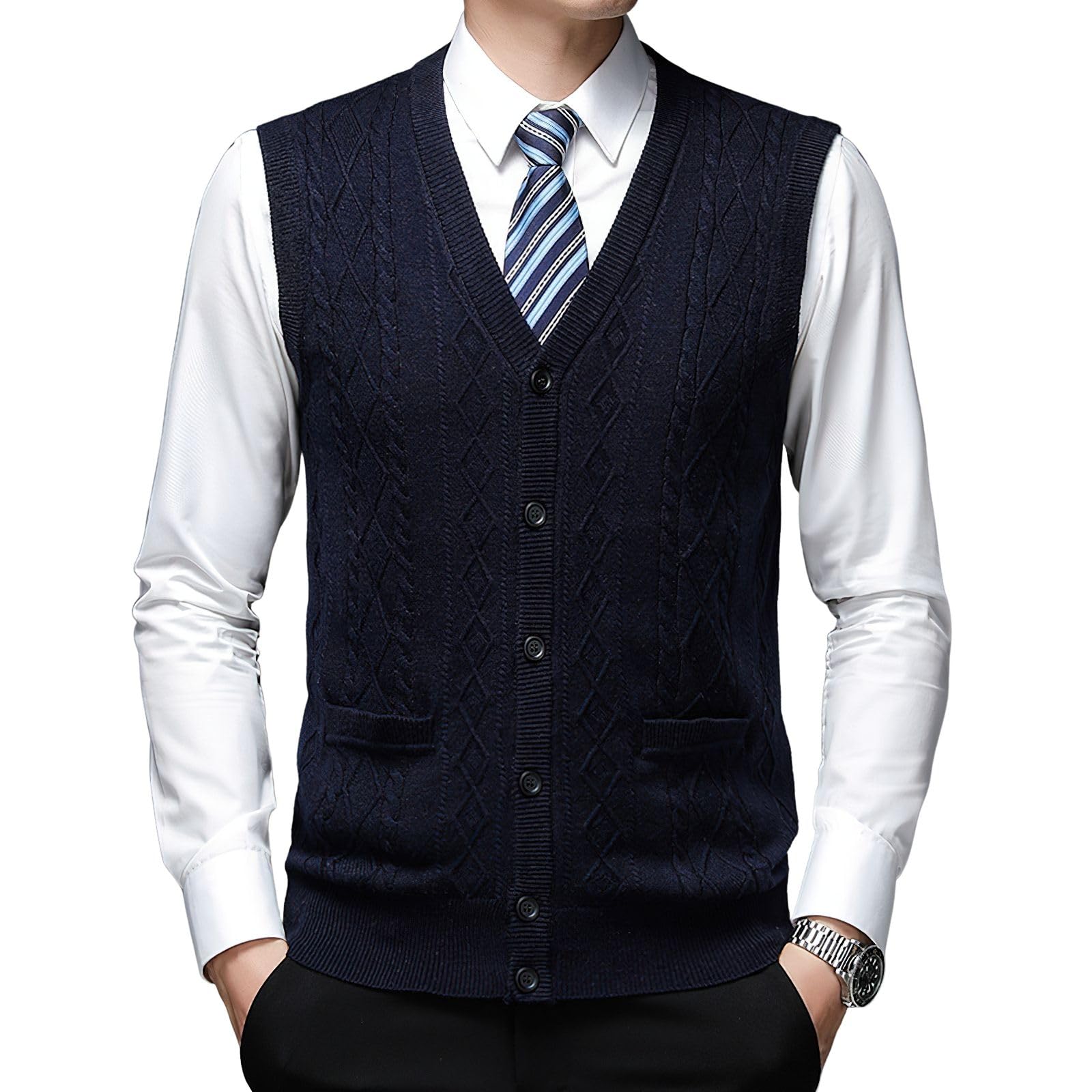 Men's Classic V Neck Wool Blend Sweater Vest Sleeveless Button Front Knit Cardigan Vest with Pocket-picture-21