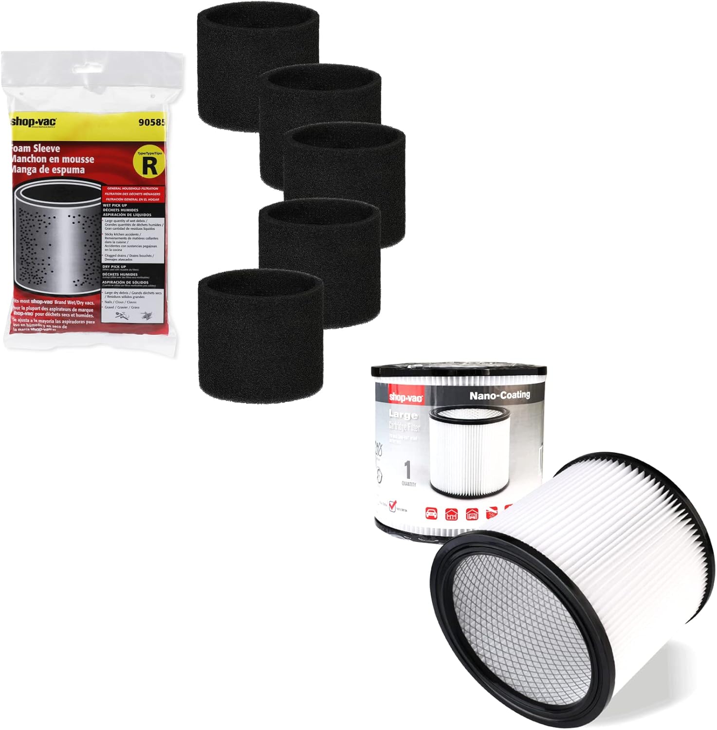 Shop-Vac 6PC Filter Kit, 5-Pack 90585 Foam Sleeve Filters and 1-Pack High Performance 90304/90344 Cartridge Filter