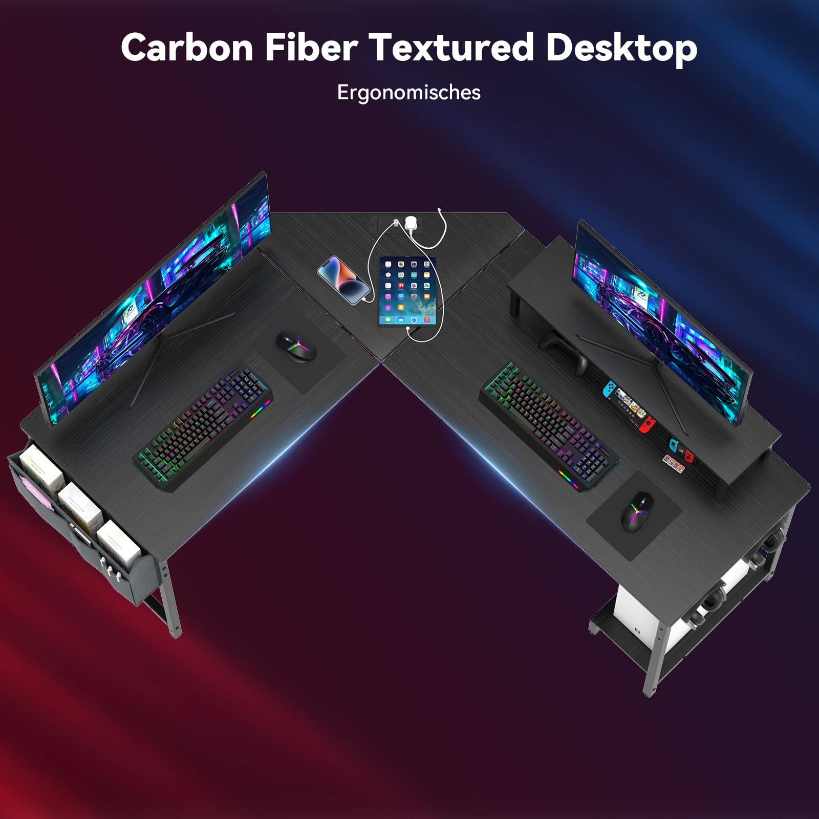 Bureau d'angle Informatique Gaming avec Fonction de Chargement, en Coin pour Ordinateur Station de Travail, pour Gamer, Table en Bois, pour Maison et Bureau Noir
