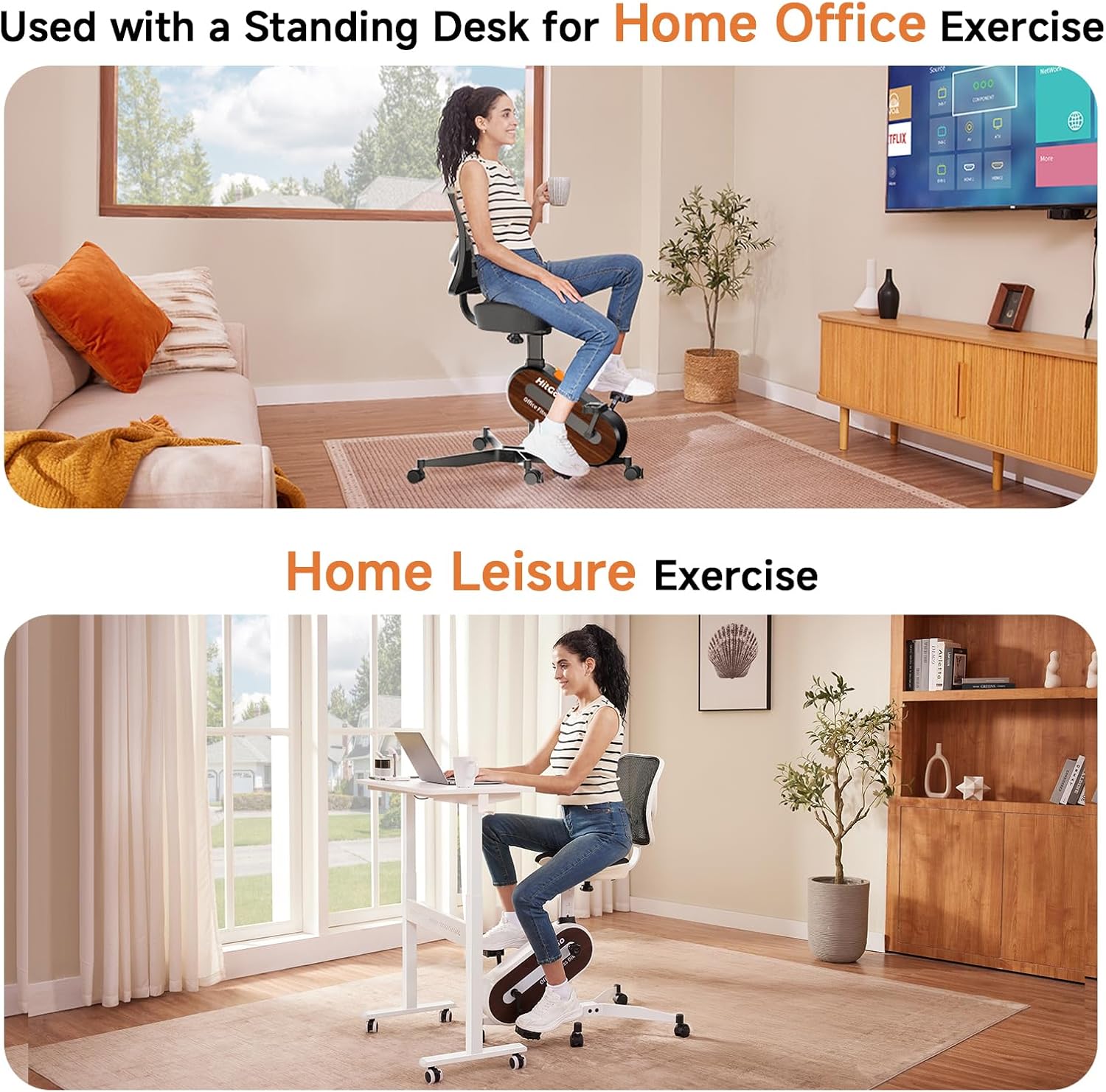 Office Exercise Bike Desk Chair,330 lbs Heavy Duty Under Desk Bike with 9-Level Height Adjustable Seat 24.4″-33.8″,8-Level Resistance & Rolling Wheels,Quiet Fitness Chair for Home Office