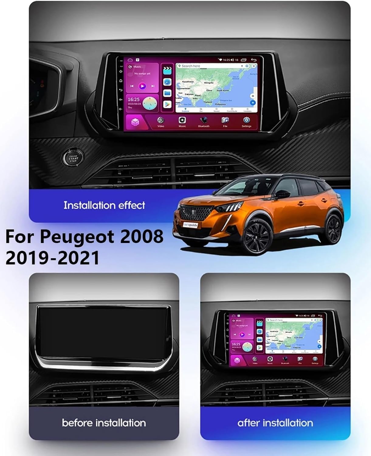 ,H6 6g+128g,9-calowy system audio Android 15 do Peugeot 2008 2019-2021, ekran dotykowy IPS, radio, bezprzewodowy CarPlay, Android Auto, GPS, WiFi, Bluetooth, OBD2, DVR, obsługa DSP