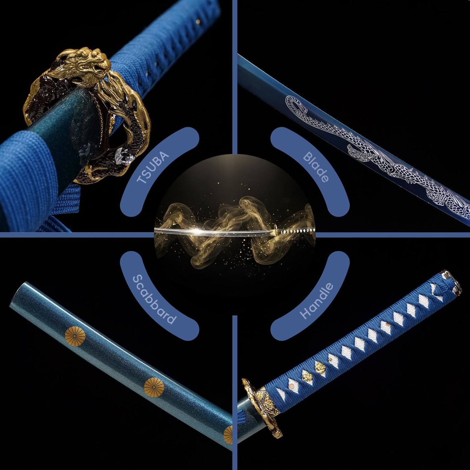 eroton- Full Handmade Real Japanese Samurai Katana Sword 1045/1060/1095/T10High Carbon Steel Heat Tempered/Clay Tempered, Dragon Tsuba,Full Tang,Functional Sharp, Razor Sharp,Battle Ready(2.7ib)…