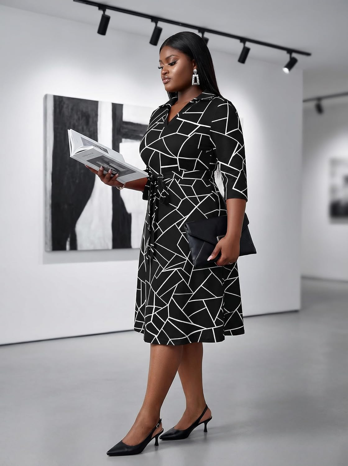 FANDEE Plus Size Midi Dress for Women - Printing Summer Dresses for Wedding Guest Cocktail Party 3/4 Sleeve V Neck(L-5XL) - Image 9