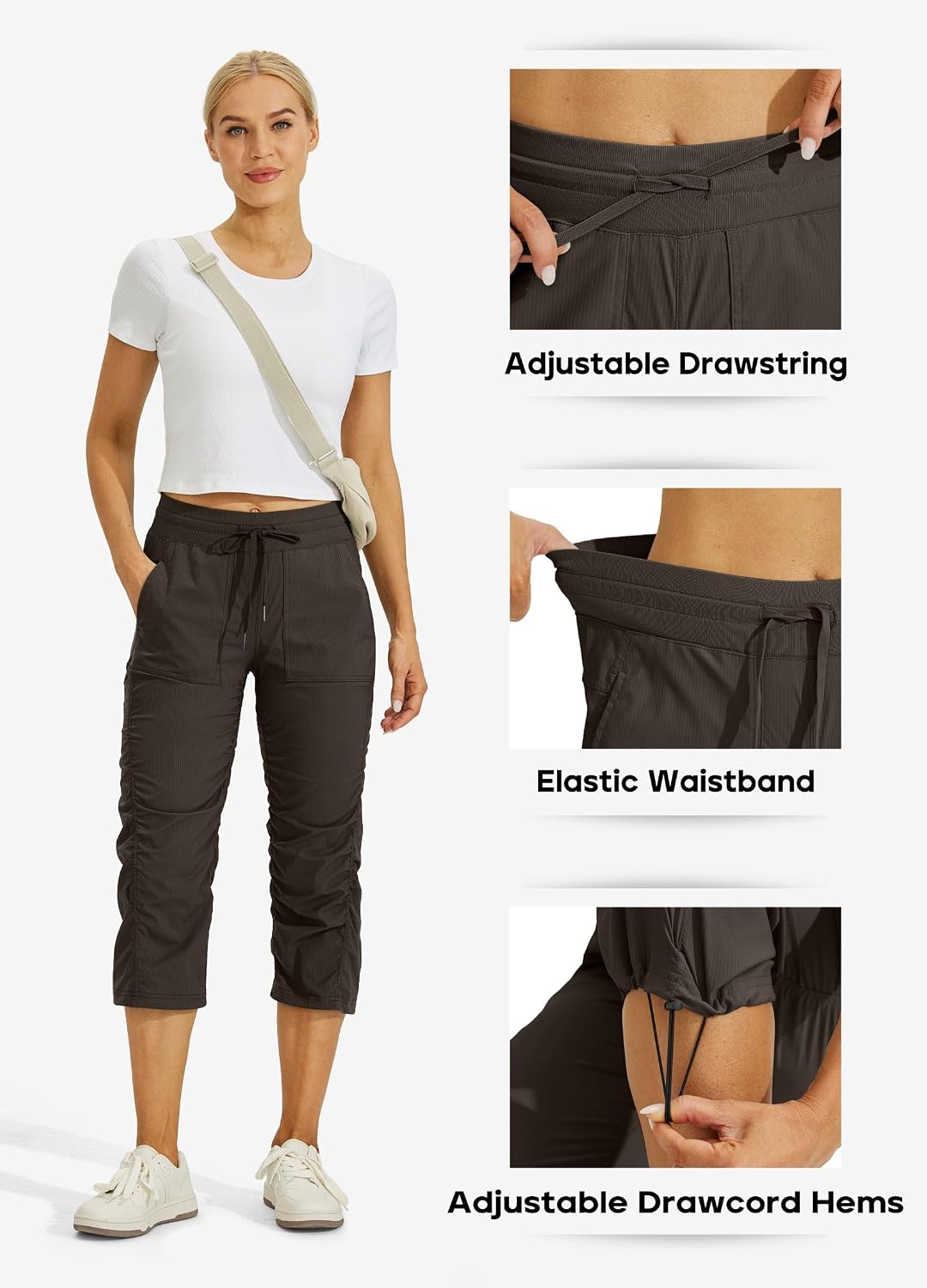  Womens Capri Pants Quick-Dry Hiking Pants | Lightweight Travel Cropped Pants with Pockets, Moisture-Wicking, Elastic Waist, Striped Woven, Summer Casual Workout Outdoor thumbnail
