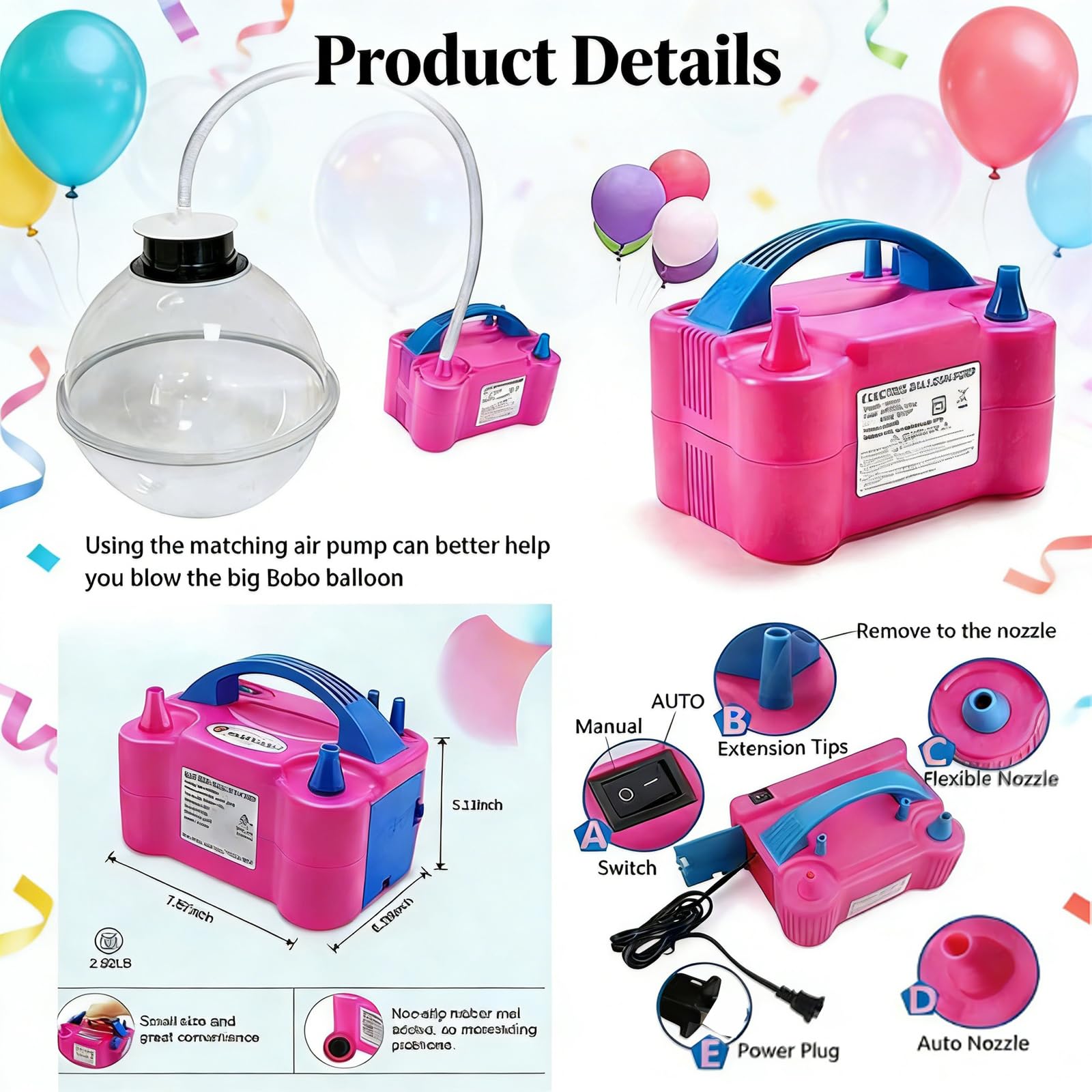 Macchina Per Riempire Palloncini, Riempitrice Per Palloncini Da 14,9" Con 7 Accessori (pompa Ed Espansore), Strumento Professionale Per Decorazioni Di Compleanno, Matrimonio E Natale 1 set