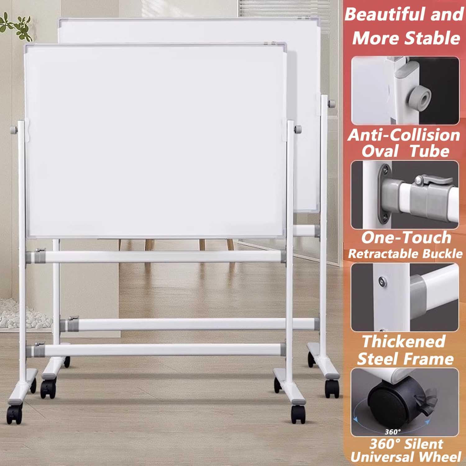 Magnetyczna tablica suchościeralna na kółkach, przenośna dwustronna sztaluga z aluminiową ramą, do klasy i biura, dwustronna, 80 x 100 cm