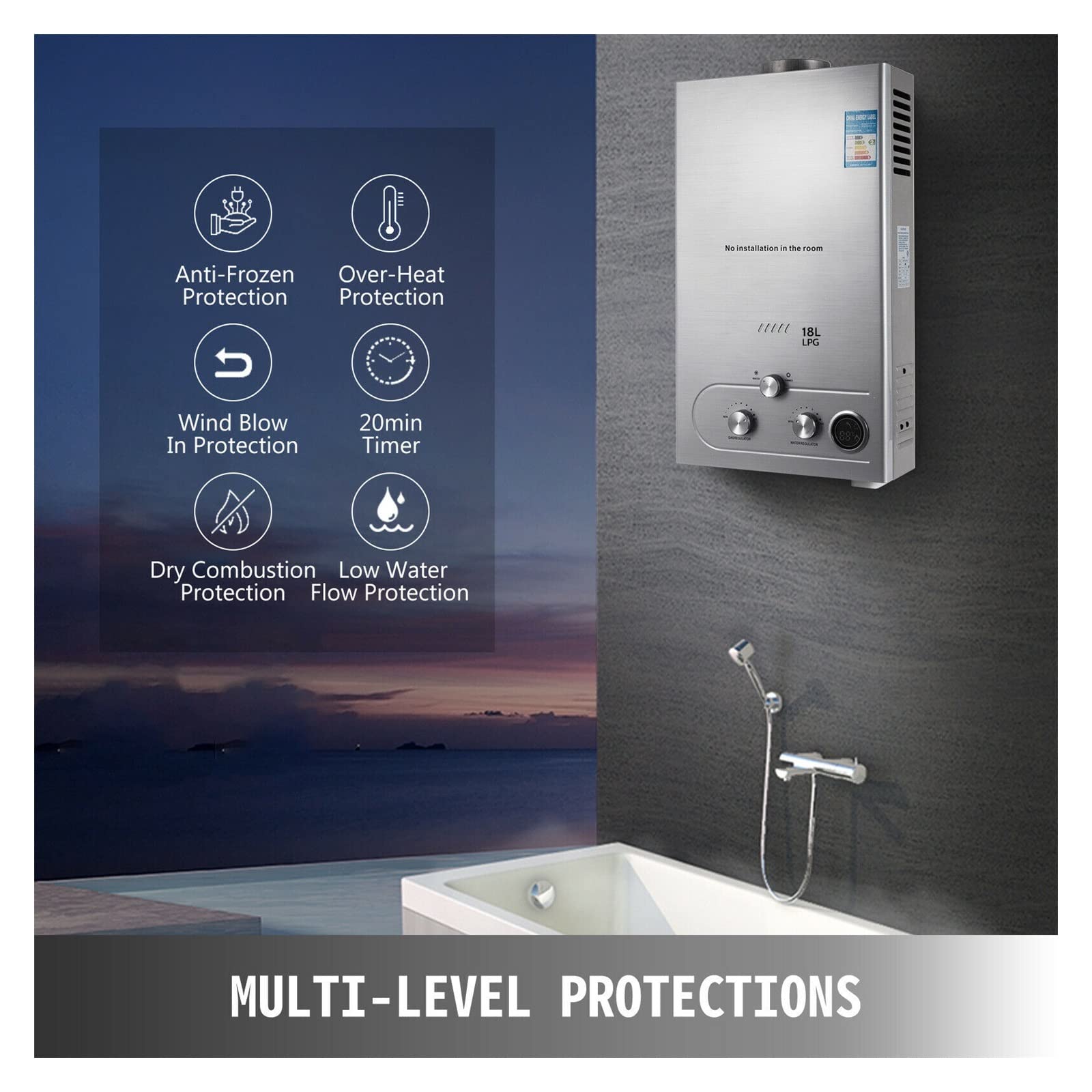Calentador de agua caliente de gas propano 16L Caldera instantánea sin tanque bajo demanda 4.3GPM(12L liquefied/natural gas)